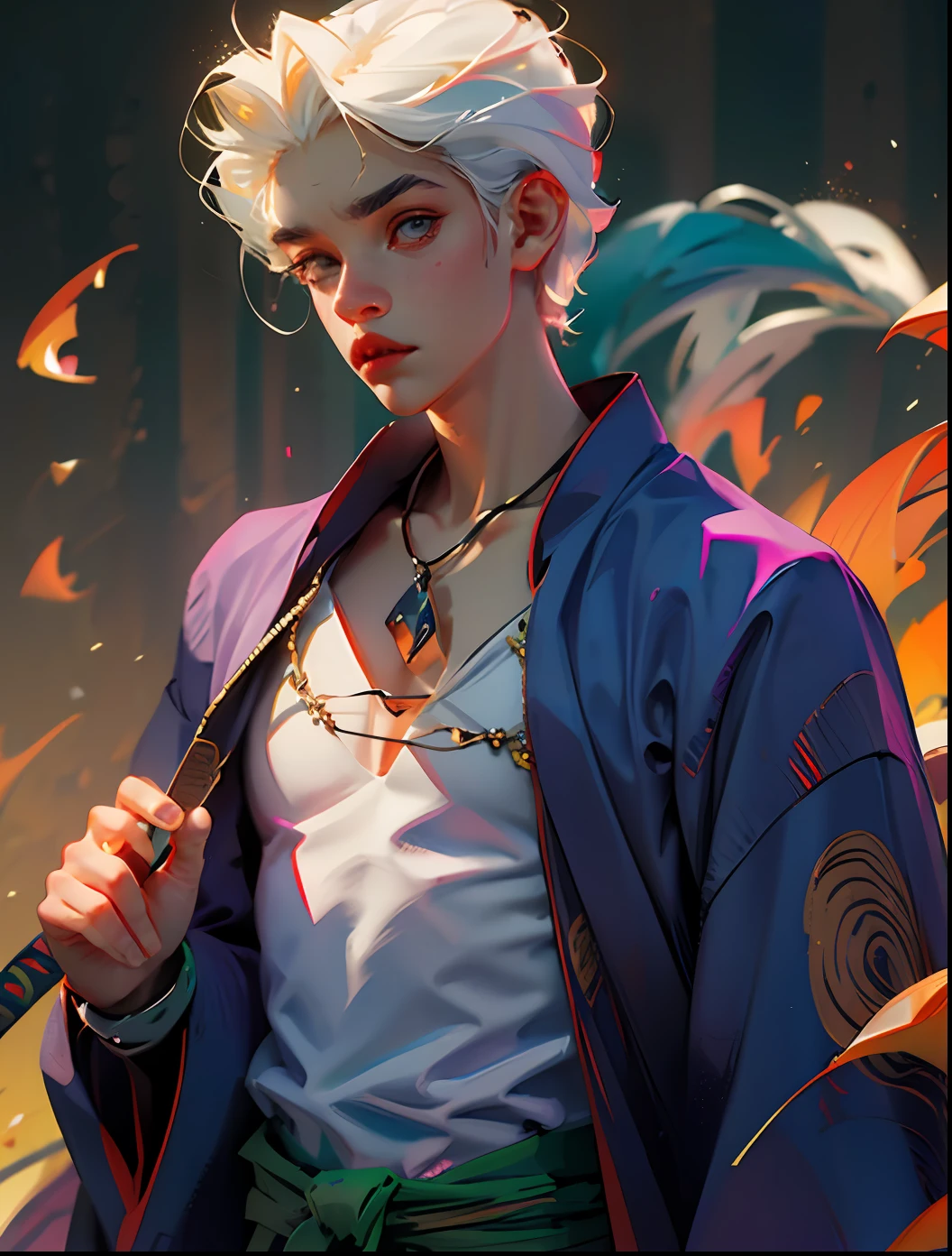 young man, vampire. short white hair, kimono, muscular, thin, smoking, holds katana --auto --s2
