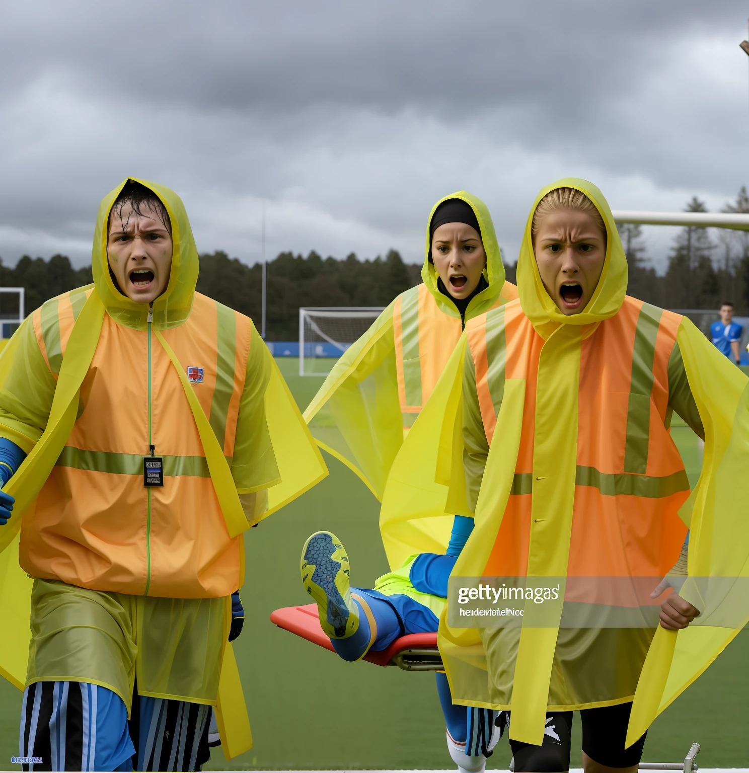 a soccer scene in a sports stadium, cool and wet weather conditions, humide ground, rainy sky, injury scene in a sports stadium, stretcher carry, there are four female medics carrying a stretcher, there are four female medics in very shiny coats who are carrying a stretcher in a sports stadium, there is a wounded male soccer player in a matte short cotton sports outfit lying on the stretcher, an injured male soccer player in matte cotton sportswear is lying in pain on a stretcher, a soccer player in matte cotton sports clothes is rearing up in intense pain while lying on a stretcher, dramatic scene, theatralic posing scene, dramatic pity scene, injury soccer, first aid, help, pity, there are four female medics in wetlook high-shine coats who are looking very sad and very terrified and very shocked, the injured soccer player is screaming out in pain while he is carried from the pitch on a stretcher