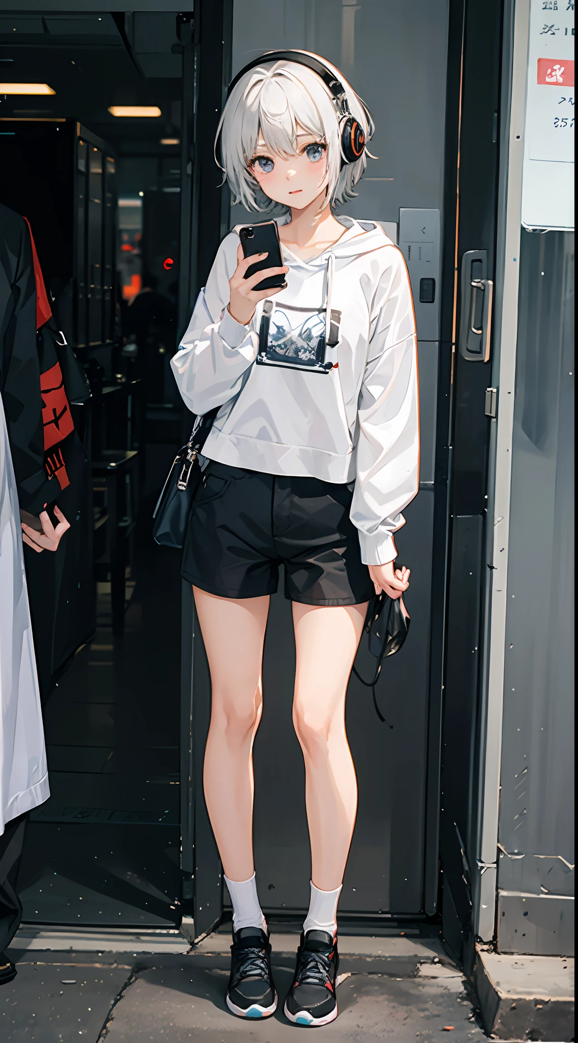 1 beautiful tomboy girl with small breast and Ted white hair short hair white crop Hoodie short pants short stocking use headphone hand take a smartphone