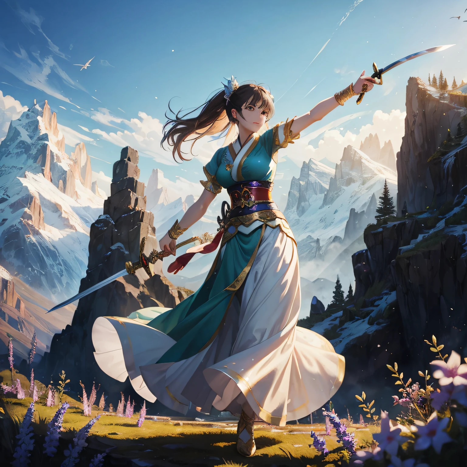 "Dreamland Wonderland,Antique fairy-like female,Dance in the mountains,Holding an elegant ancient sword,Demonstrate superb martial arts skills。The sword is domineering,heroic look,Full of fighting spirit。"