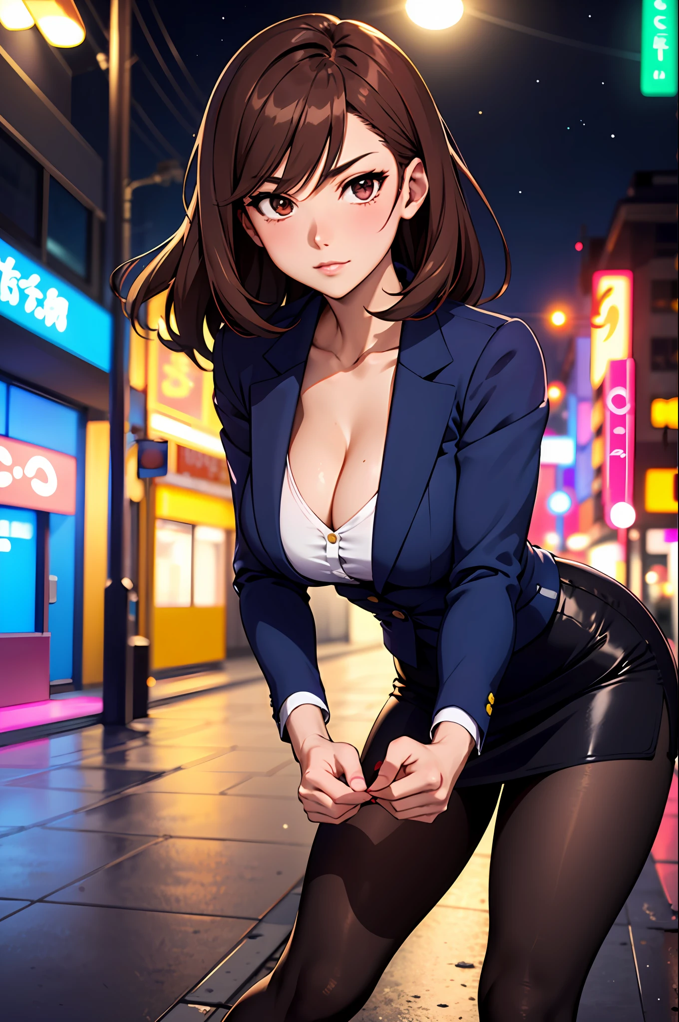 Bewitching anime busty woman in blue suit and tight skirt、Black tights,Inviting look、Show off your chest、Shirt and brown hair,Ecchi anime style, bending forward,Kamimei,Red Light District at Night,neons、Bokeh in the background