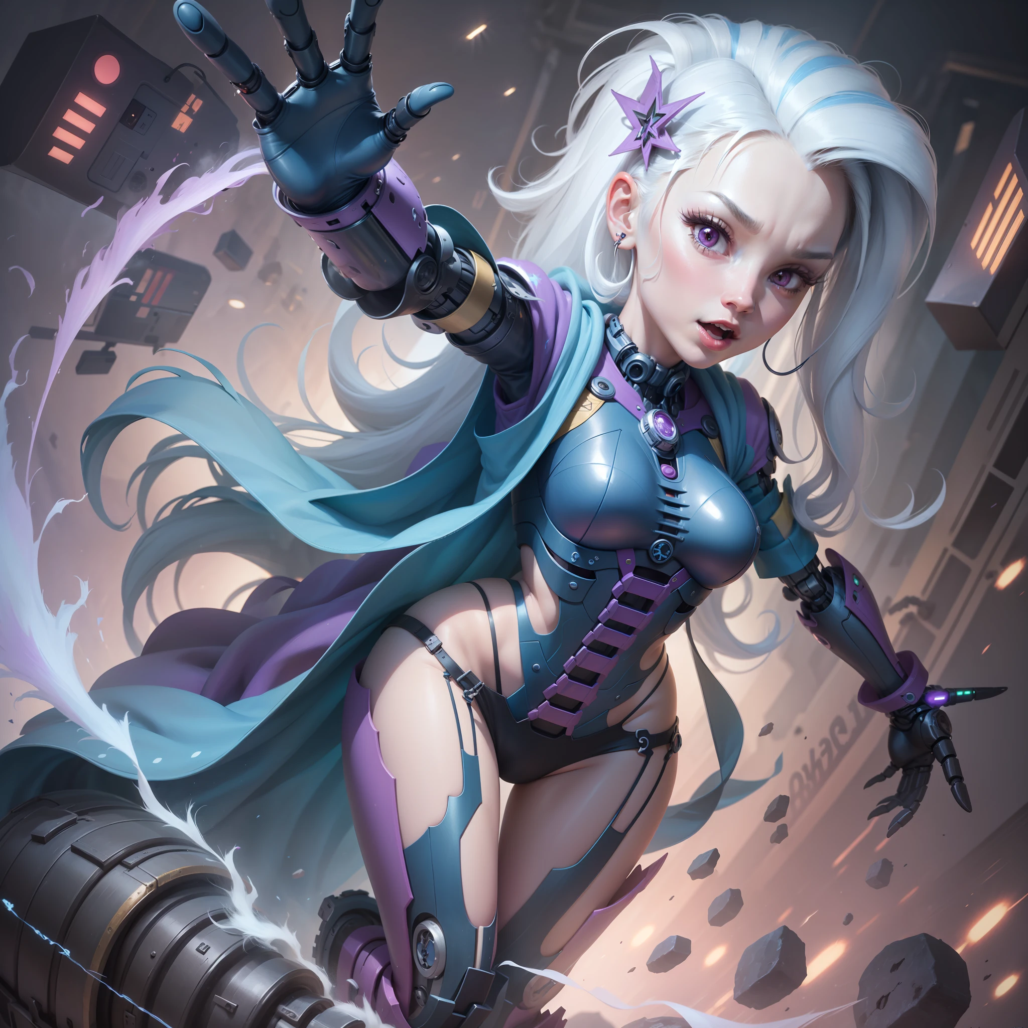 Trixie, Trixie from My Little Pony, Trixie as a Girl, Bioorganism, not human, Mechanical parts, straight hair, exuberant hair, hairlong, blue hair, Bionic body parts, Missing skin, Completely cyborg, Cybernetic organism, Mechanical arms, Mechanical legs, violet eyes, The Sorcerer's Hat, full length, full - body, A highly detailed, Качество Ultra 8K, Broken parts, Holes in the mechanisms, not a living organism, Runes and Pink Magic, A lot of blue, Blue backlight, Magic Earrings, Lots of magic, Blue Laser Weapon