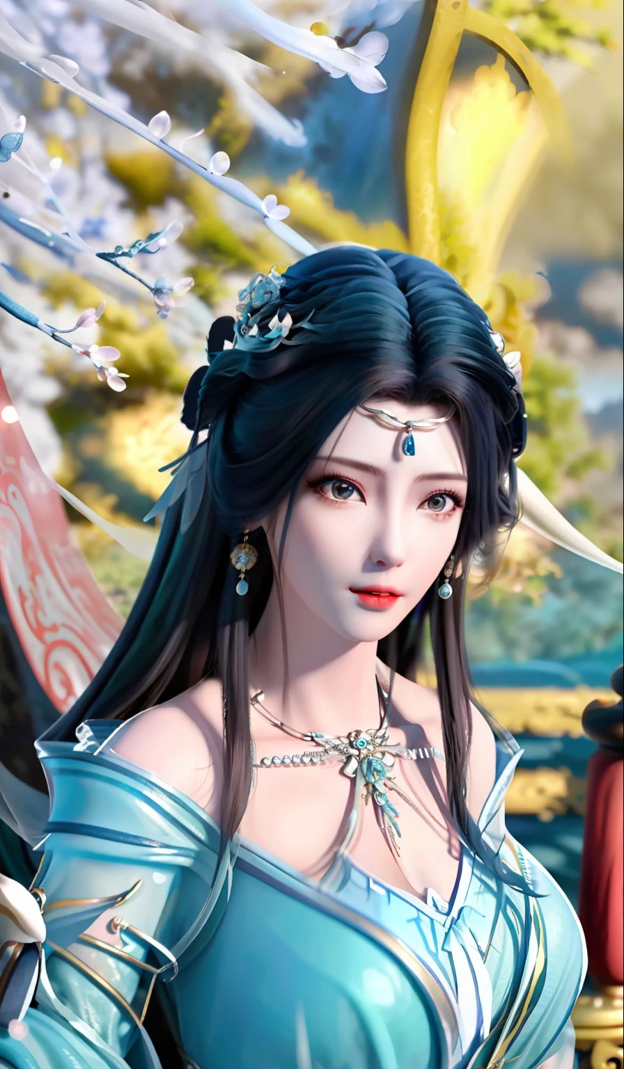 blur backgroun，highest  quality，Close up of a woman with long blue hair and blue dress, Portrait Chevaliers du Zodiaque Fille, xianxia fantasy, queen of the sea mu yanling, Azure. detailed hairs, white cyan, a beautiful fantasy empress, Beautiful young wind spirit, Guviz, ((a beautiful fantasy empress)), full-body xianxia, Inspired by Lu Ji Chinese gods，Xianxia，Beautiful oriental woman，Silver hair，Dark green sleeveless top，A delicate and graceful face，largeeyes，A half body，Flat coating，Elegant and sexy，Delicate Chinese hairpins，jewelry necklace，Ancient Chinese clothes，Outdoor sunlight，s the perfect face，perfect body figure，Cleavage is seductive，big breasts enchanting，hyper HD，textureskin，super detailing，8k，super-fine，huge tit，Ultramammy，Divine milk，cleavage，3DCG，3D render character 8K，CG fantasy，CGSTATION,anime big breast，ultra-realistic realism，seminude，semi transparent