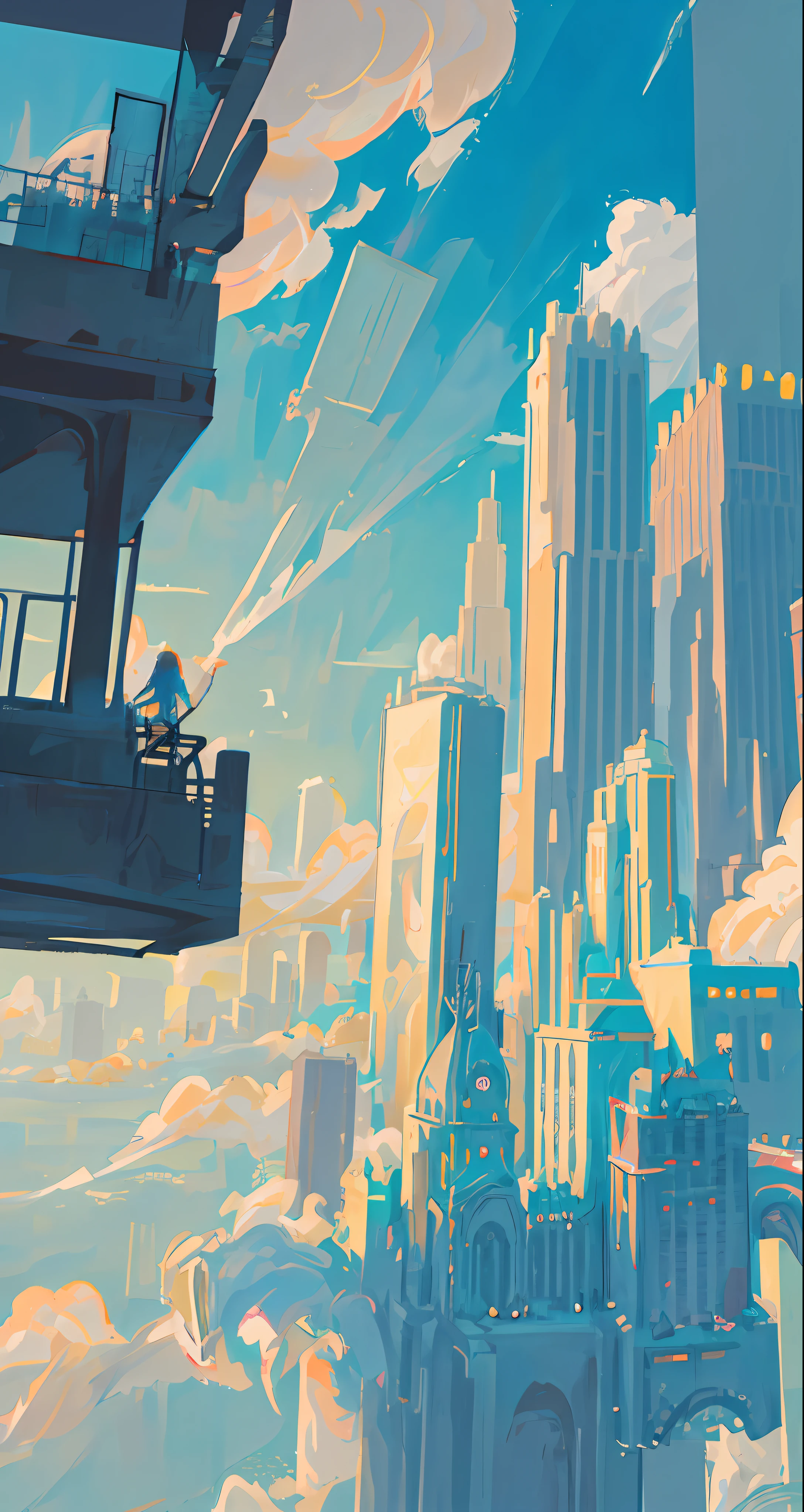 There is a poster，It has a picture of the city in the sky, Floating city in the sky, floating city on clouds, Sky town, full of high buildings, A beautiful artwork illustration, The future city, Poster illustration, Skyscrapers everywhere, Beautiful city of the future, Mobile game background, flying cloud castle, cushart, Future City