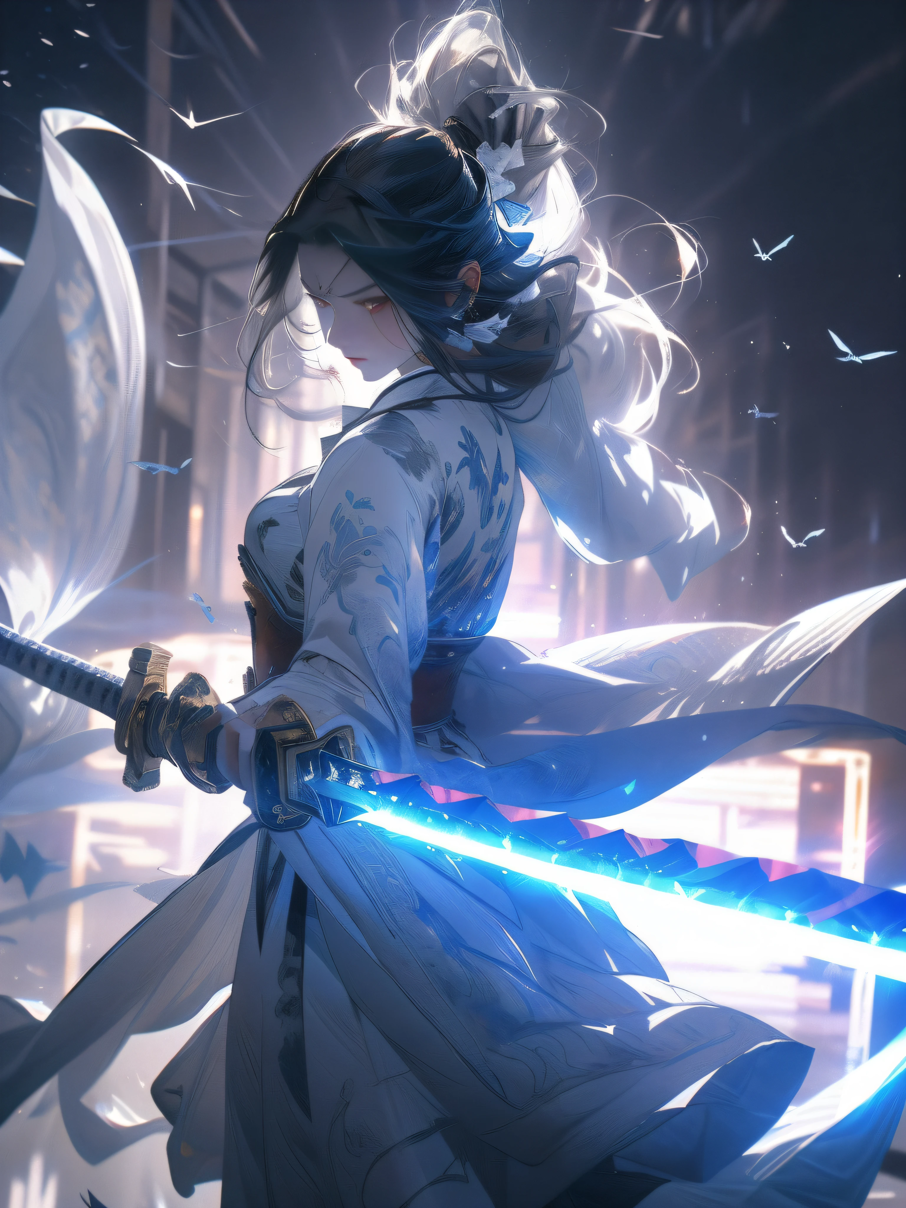 (Fidelity: 1.4), Best Quality, Masterpiece, Ultra High Resolution, Poster, 8K, Fantasy Art, Dynamic Lighting, Art Station, Poster, Volume Lighting, Very Detailed Faces, 4k Wallpaper, Award-Winner, A Girl with a Sword, Black Headband, Long Silver Hair, Long Flowing Hair, Katana, Holding a Great Sword, Demon Samurai, White Clothes, White Tulle Coat, Clothes Fluttering, Slashing Action, Black Belt, Red Sword Qi, Dynamic Perspective, Dramatic Composition, (Ultra: 1.4), ancient Chinese battlefield background, blood stains, many enemies, movie lighting