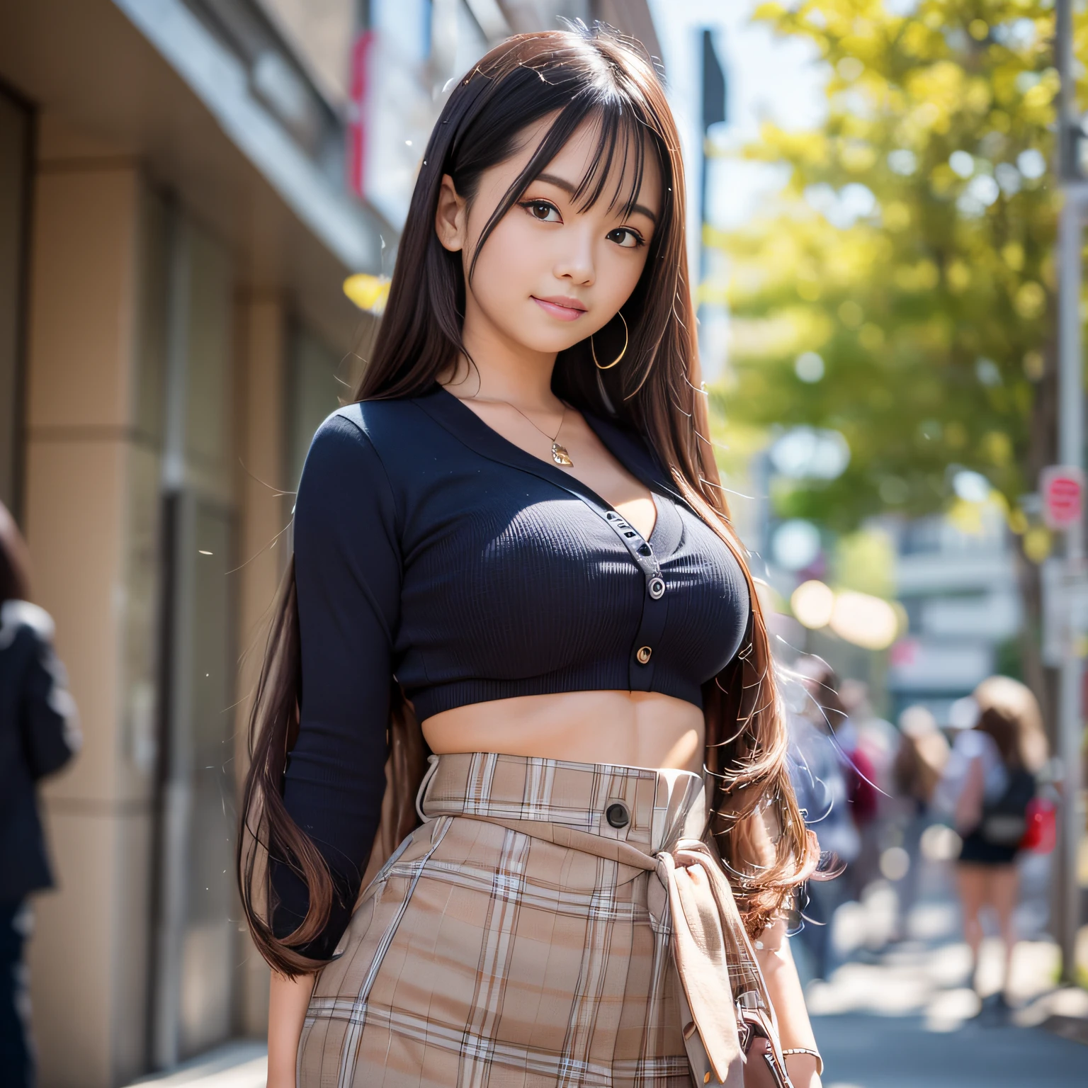 ((Top Quality, 8k, Masterpiece: 1.3)), Perfect Body Shape: 1.4, (Big: 1.2), Highly Detailed Face and Skin Texture, Detailed Eyes, High School Student, Uniform, Blouse, Miniskirt, (Pose at School: 1.2), 1girl, Cinematic, Full Body, Japan Goddess, Long Hair, Smile, There Are Students, People Are Being Watched, Waist Wriggling Pose