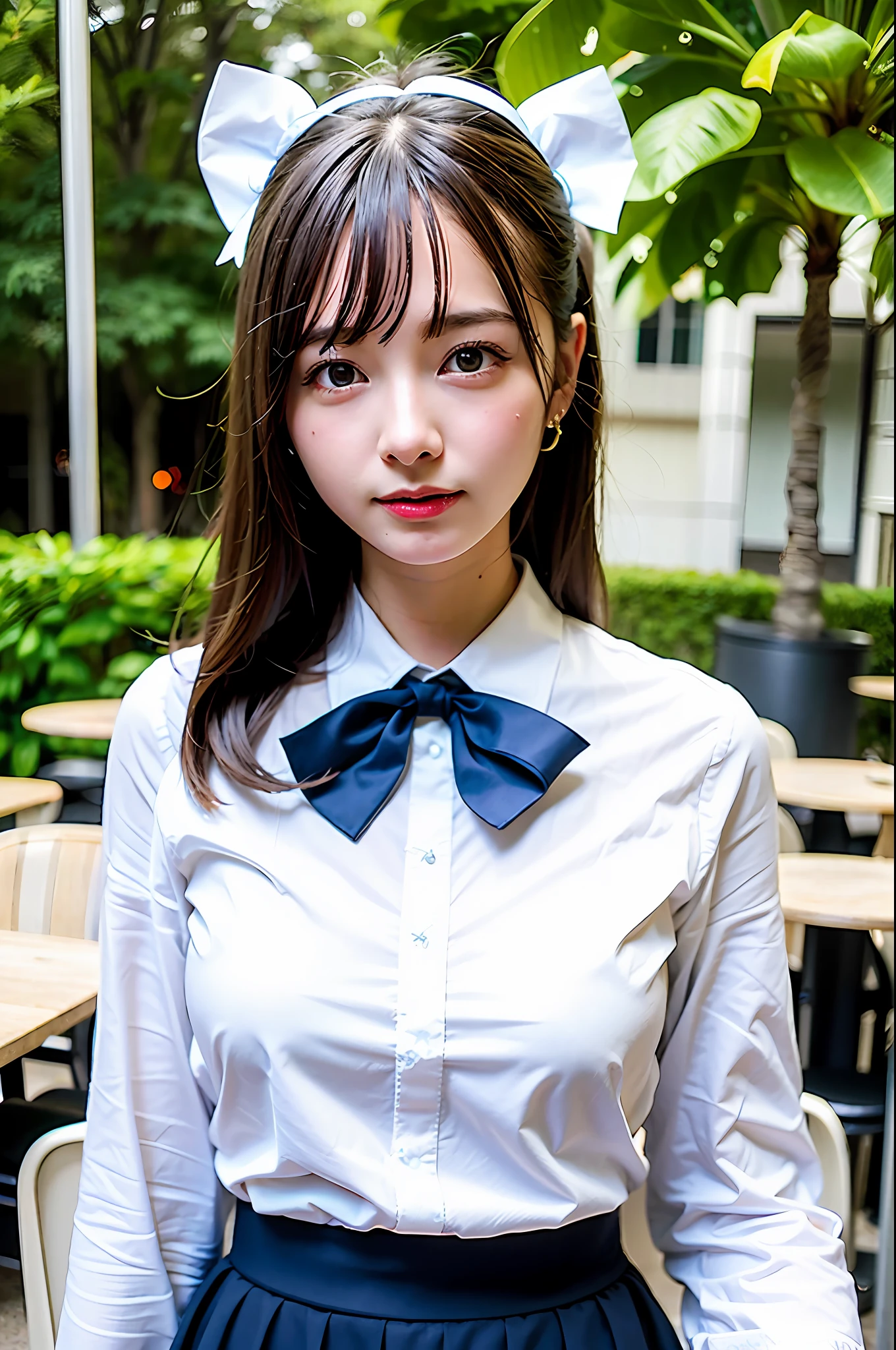 Top Quality, Ultra High Definition, (Photorealistic: 1.4), 1 girl, white blouse, blue skirt, bow tie, (faded ash-gray hair: 1), (Normal breasts: 1), Watch viewer, Cafe