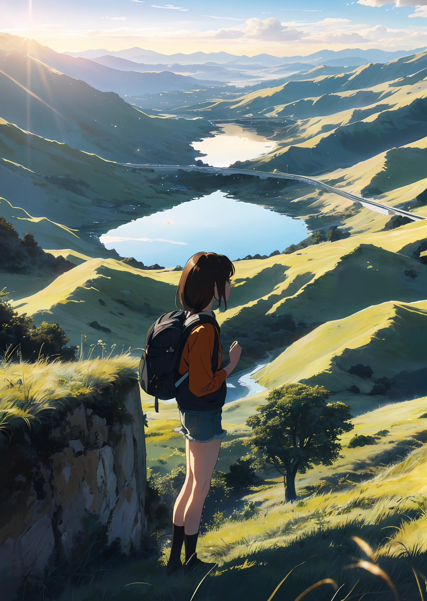 (beautiful and magnificent skyline, majestic sky), (extremely tense and dramatic pictures, moving visual effects), (high hanging Polaris, colorful natural light), (1girl), (long-sleeved top, denim shorts, carrying a backpack), (dynamic pose:1.3, black eyes, black hime-cut hair, sparkling girl)[:0.8], (large grassland), (oncoming breeze), (brown hair and background Coordination effect: 1.2), (close shot, long shot mix and match)[::0.9]