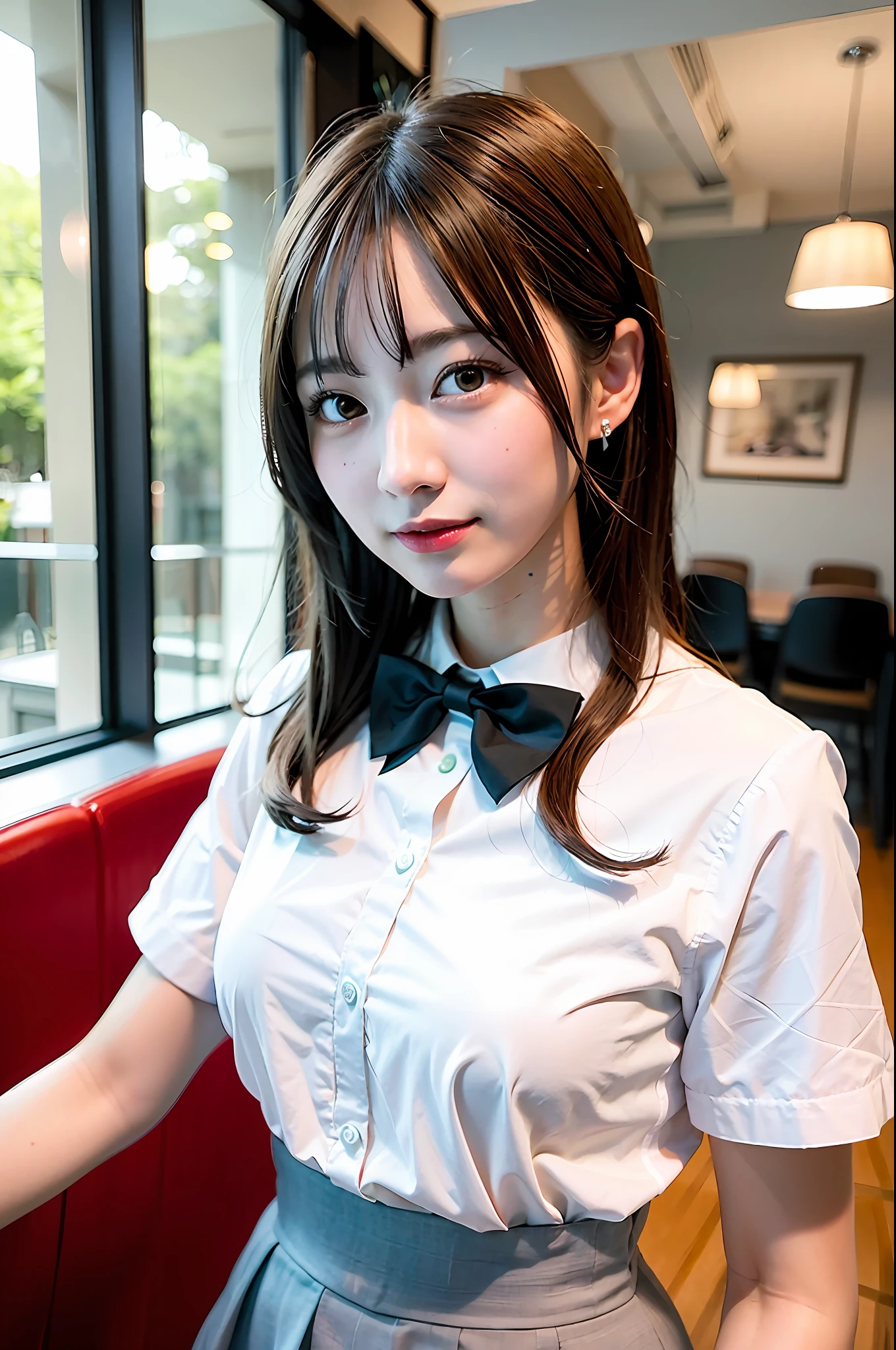 Top Quality, Ultra High Definition, (Photorealistic: 1.4), 1 girl, white blouse, blue skirt, bow tie, (faded ash-gray hair: 1), (Normal breasts: 1), Watch viewer, Cafe