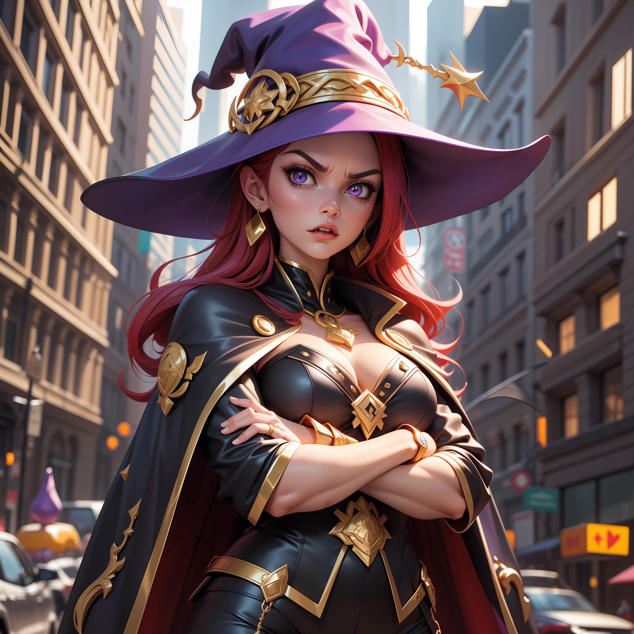 3D, R3DG, (obra-prima), obra-prima, melhor qualidade, Angry female witch in the city with crossed arms wearing a purple pointed hat and red hair and a black cape and gold cape