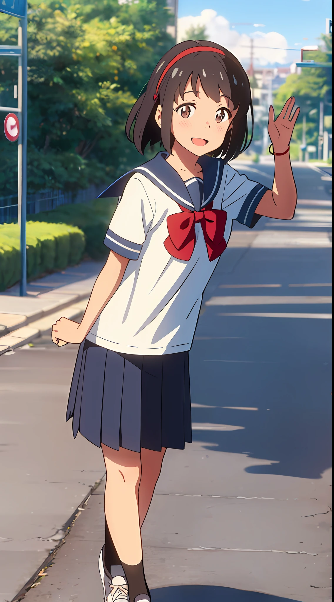 shinkai makoto, kimi no na wa., 1girl, bangs, black hair, blue sky, blush, brown eyes, shiny skin, cloud, blue sailor collar, White Sailor Color, serafuku, bow, red bow, ribbon, red ribbon, headband, red headband, looking at the viewer, Outdoors, shadow, school, street, cityscape, school uniform, short hair, cute, smile, open mouth, happy, solo, shirt, blue skirt, Pleated Skirt, mid-socks, white socks, black sneakers, full body, short sleeves, cowboy shot, masterpiece, best quality