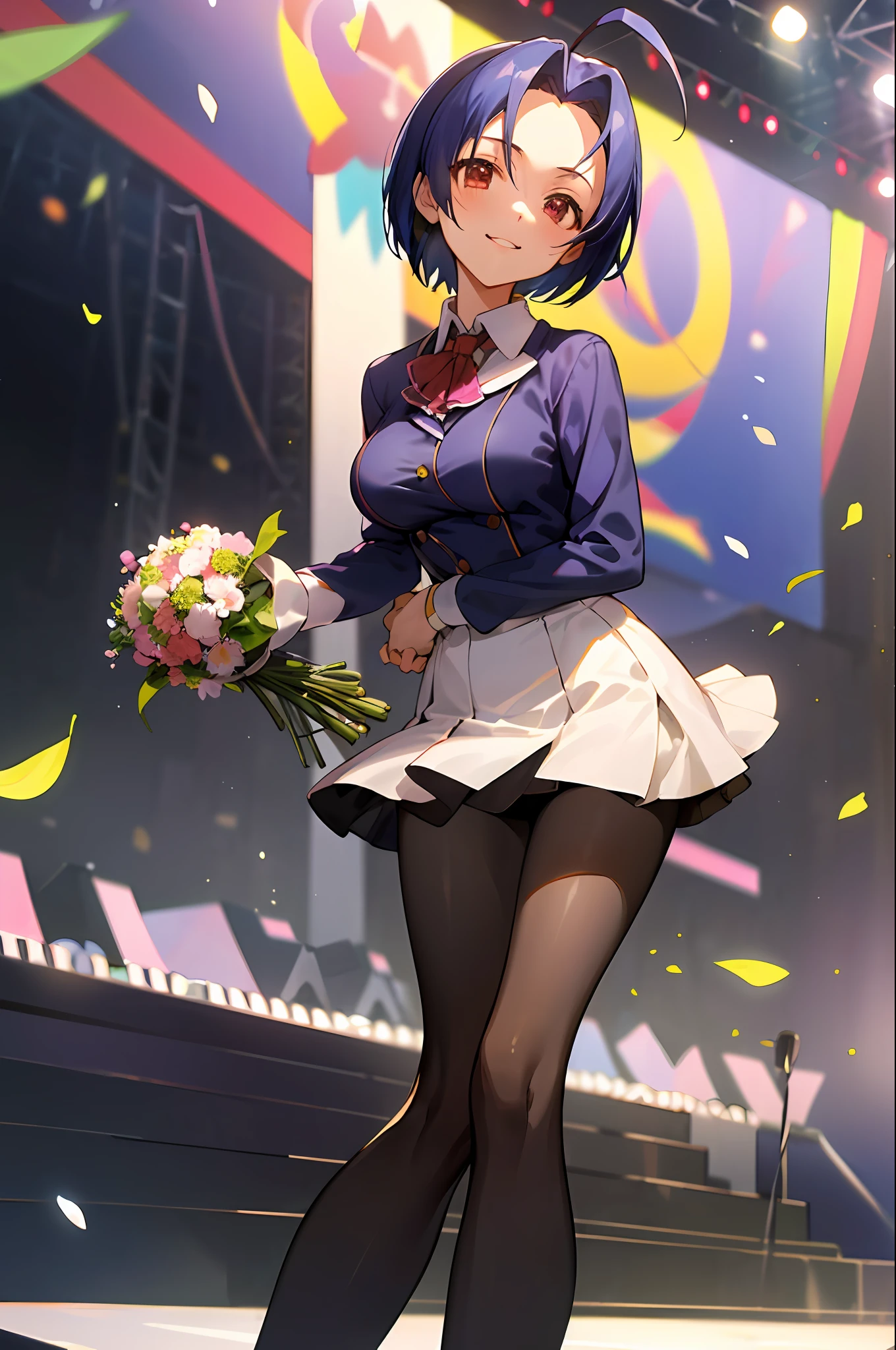 (masutepiece, Best Quality:1.2), Cowboy Shot, Solo, 1girl in, Azusa Miura, Smile,((is wearing idol costume)),  ((Standing on the idle stage)), ((holding a large bouquet of flowers with both hands)), Looking at Viewer, Ahoge, ((Large breasts)), Collared shirt, Long sleeves, Skirt, pantyhose