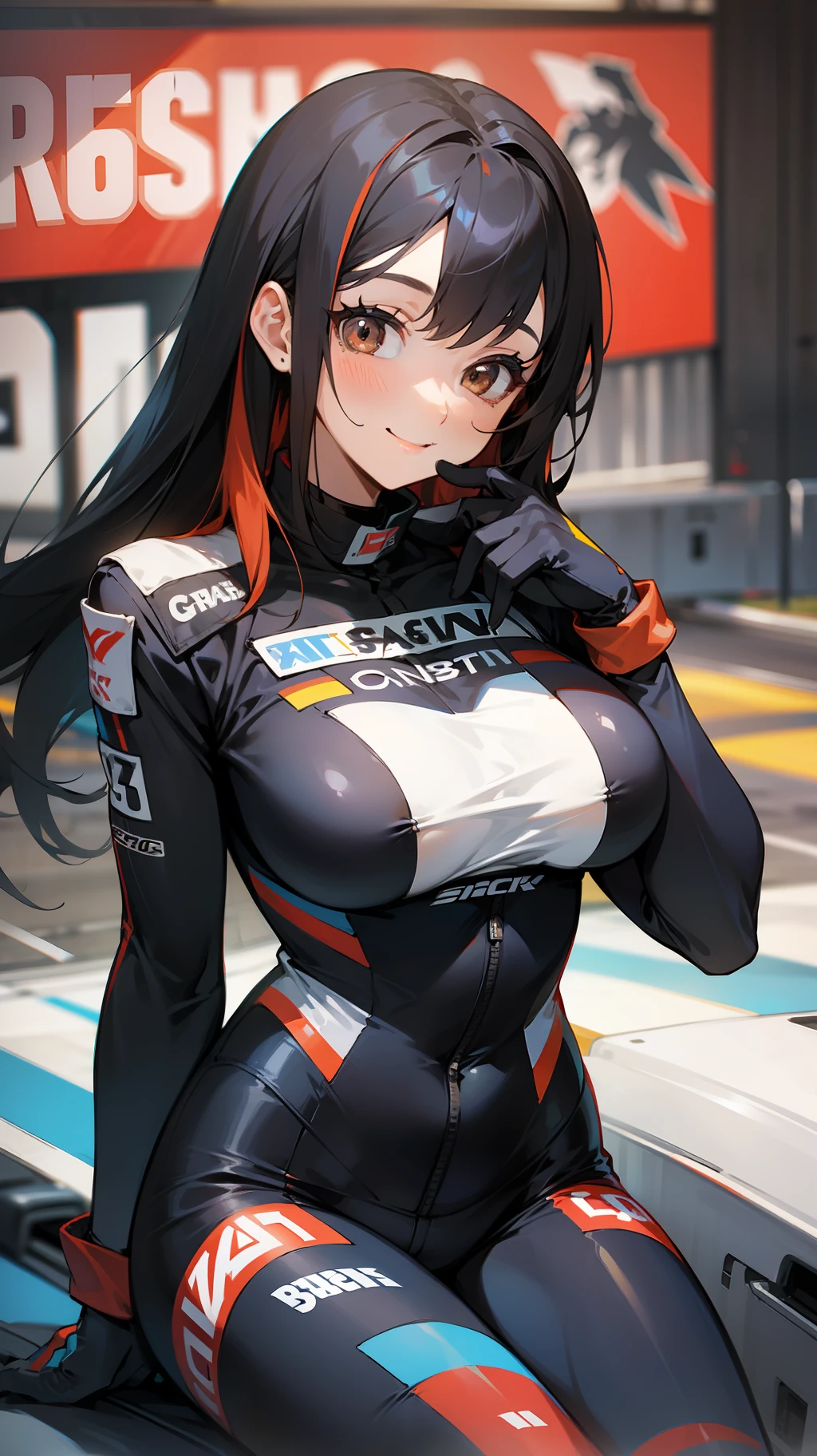 1girl, smile, car, racecar, circuit, racing suit, black bodysuit, two-tone gloves,black hair, long hair, brown eyes, large breasts, large pips, thin waist,