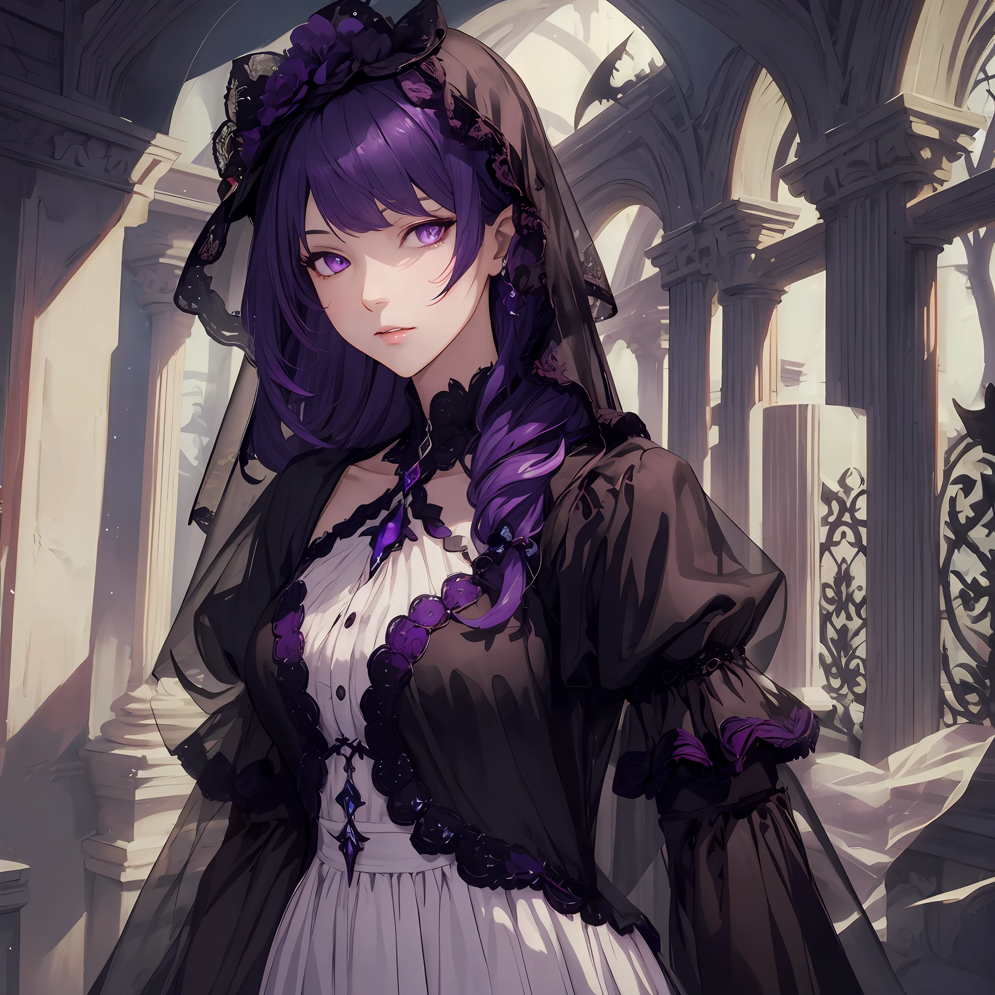 masterpiece, best quality, 1woman, adult, female focus, solo, long dark purple hair, vibrant purple eyes, looking at viewer, closed mouth, Fantasy aesthetics, Highly detailed, shadowverse style, demonic attire, necromancer, veil
