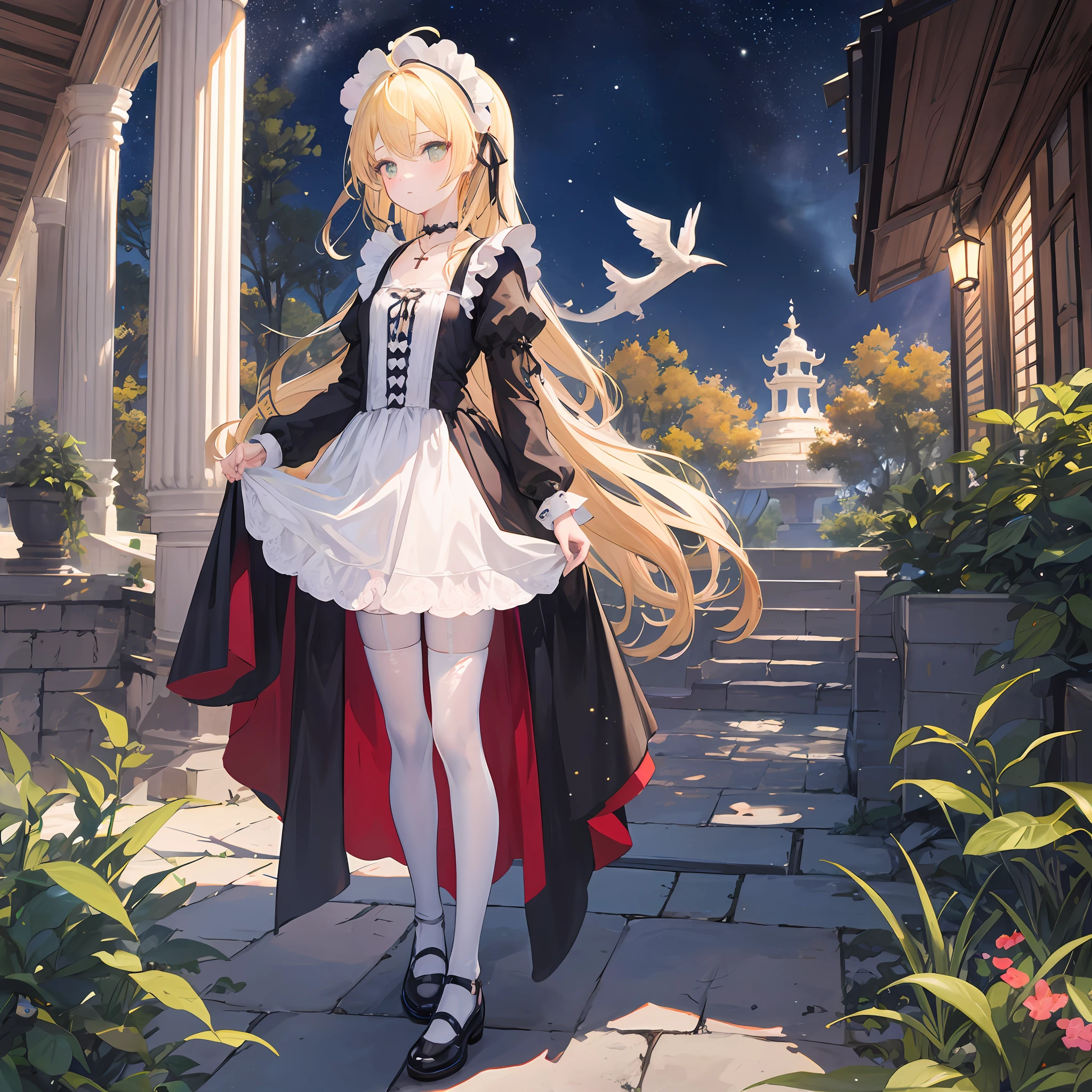 Lolita Gothic,From the side Side,full body,Ray tracing,{Best quality}, {{Masterpiece}}, {A high resolution}, Original, Extremely detailed 8k wallpaper, 1girll, {An extremely delicate and beautiful},,incredibly_absurderes,Ray tracing,{Best quality}, {{Masterpiece}}, {A high resolution}, Original, Extremely detailed 8k wallpaper, {An extremely delicate and beautiful},,incredibly_absurderes,Colorful,intricately details,art book,,Perspective,very wide angle shot,Overall view,,aurora,Starry sky,glistening stars,forest,fountain,Shop,Outdoors,east asian architecture,greco-roman architecture,restaurant,chies,A high resolution,Extremely detailed Cg Unity 8K wallpaper,Detailed manga illustrations,art of light novel,art of light novel,angel,Petite,Dragon girl,lolita fashion,Babe,ahoge,Blonde hair,Long hair,Blonde_Hair/Yellow_Eyes,looking at the distance,Closed mouth,standing,Hide hands,Hide hands,Slim legs,Expressionless,Beautiful detailed eyes,Gothic_Lolita,Cloak cover,white colors_a skirt,Lolita Gothic,White panty hose,white stockings,White_upper legs,Fine fabric emphasis,mary_janes,Cross necklace,ribbon,Hair ribbon,maid headdress,hair adornments,flat_chest,flat_chest,Ray tracing,Beautiful detailed sky,Masterpiece,Clear picture,Pedras preciosas,