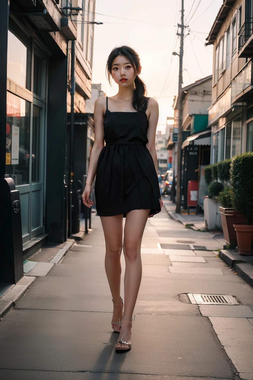 Beautiful young girl, high sided pony tale, dark hair, (full body:1.1), wearing minimal make-up, elegantly dressed for a date. Street as background. Illuminated by natural sunset light. Photography, ray traicing.