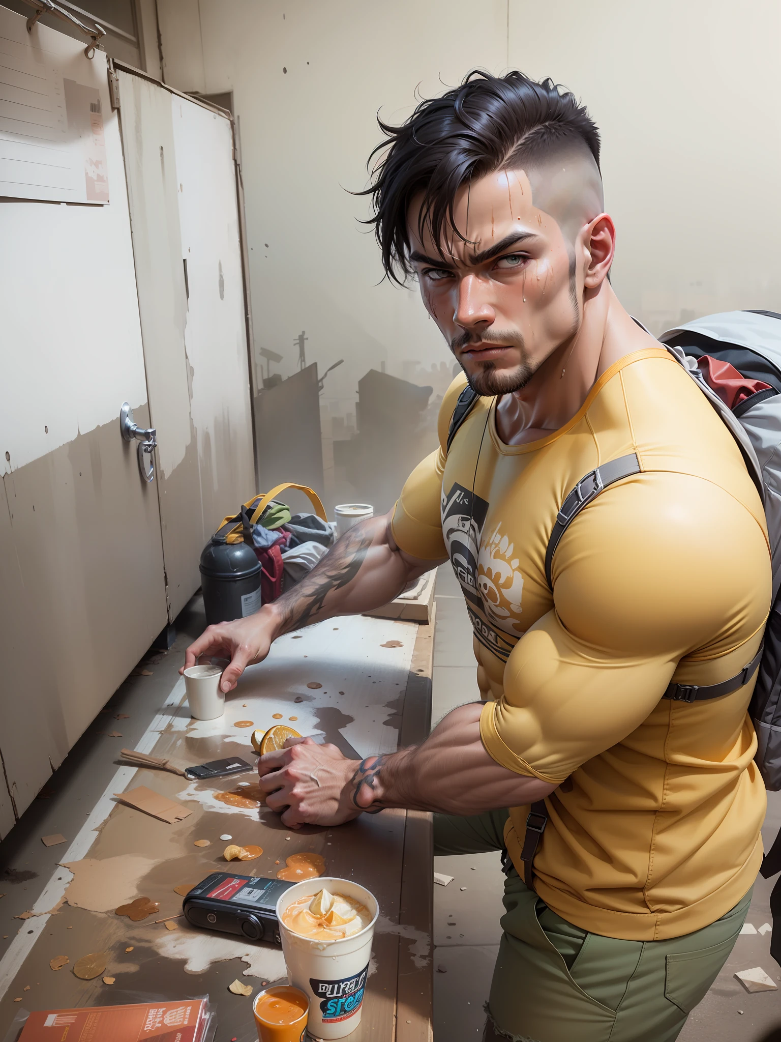 Strong muscular man, street rage, backpack, epic realism, photo, faded, complex stuff around, complex background, wet, neutral colors, ((((hdr)))), (((( muted colors)))), complex scene, artstation, intricate details, vignette