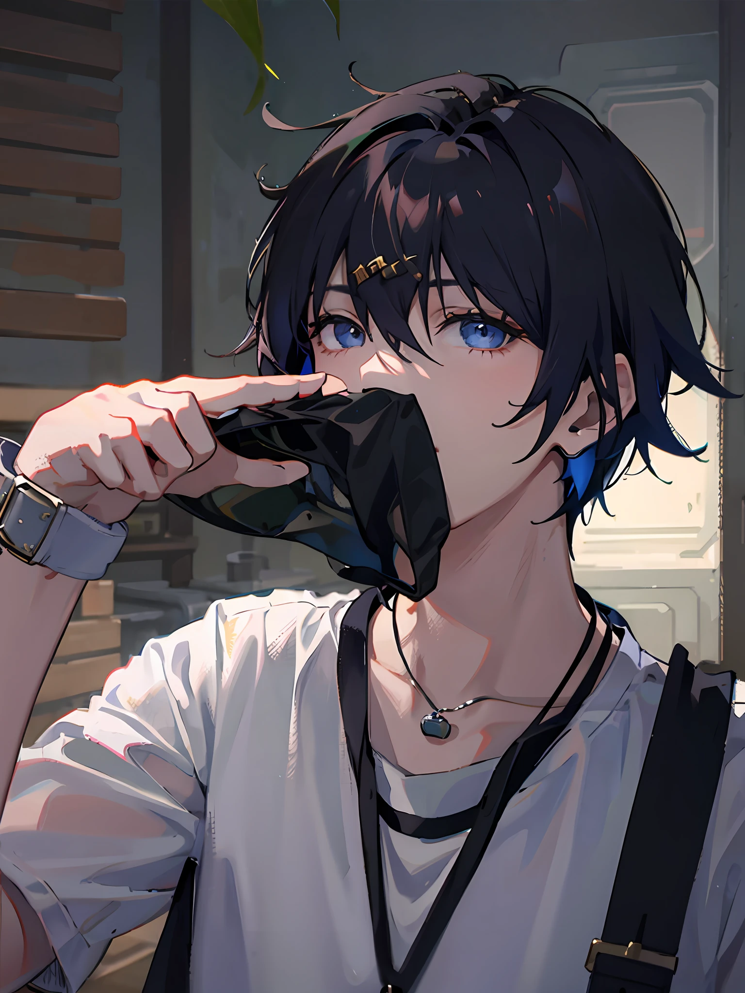 1boy, apple, bag, bangs, berry, black hair, black shirt, blue eyes, hair between eyes, jewelry, leaf, looking at viewer, male focus, necklace, pants, shirt, solo, watch, white pants, wristwatch, messy hair, trending on artstation, 8k resolution, highly detailed, anatomically correct, sharp image, digital painting, concept art, trending on pixiv, style of makoto shinkai,