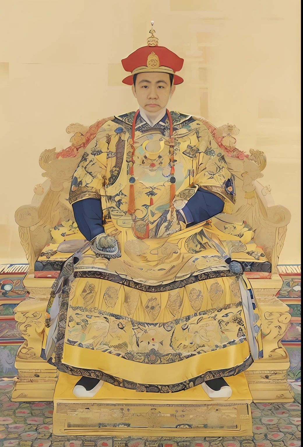 A close-up of a painting of a man sitting in a chair, Qing dynasty, royal emperor, seated in royal ease, king in yellow, by Xuande Emperor, qing dynasty painting, portrait of emperor of mankind, Bearded man sitting on a throne, wearing fancy clothes, imperial portrait, portrait of a king, Emperor, wearing ornate silk clothes, Wearing ancient Chinese clothes