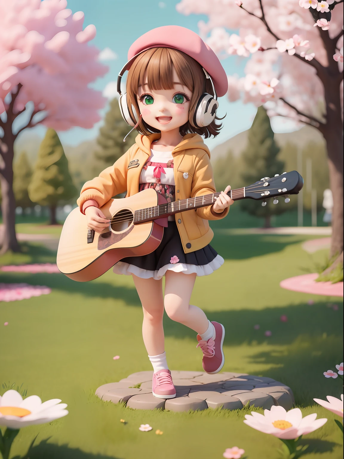 (masterpiece),(best quality),(ultra-detailed), (full body:1.2),
1girl,chibi,cute, smile, open mouth,
flower, outdoors, playing guitar, music, beret, holding guitar, jacket, blush, tree, :3, shirt, short hair, cherry blossoms, green headwear, blurry, brown hair, blush stickers, long sleeves, bangs, headphones, black hair, pink flower,
(beautiful detailed face), (beautiful detailed eyes),