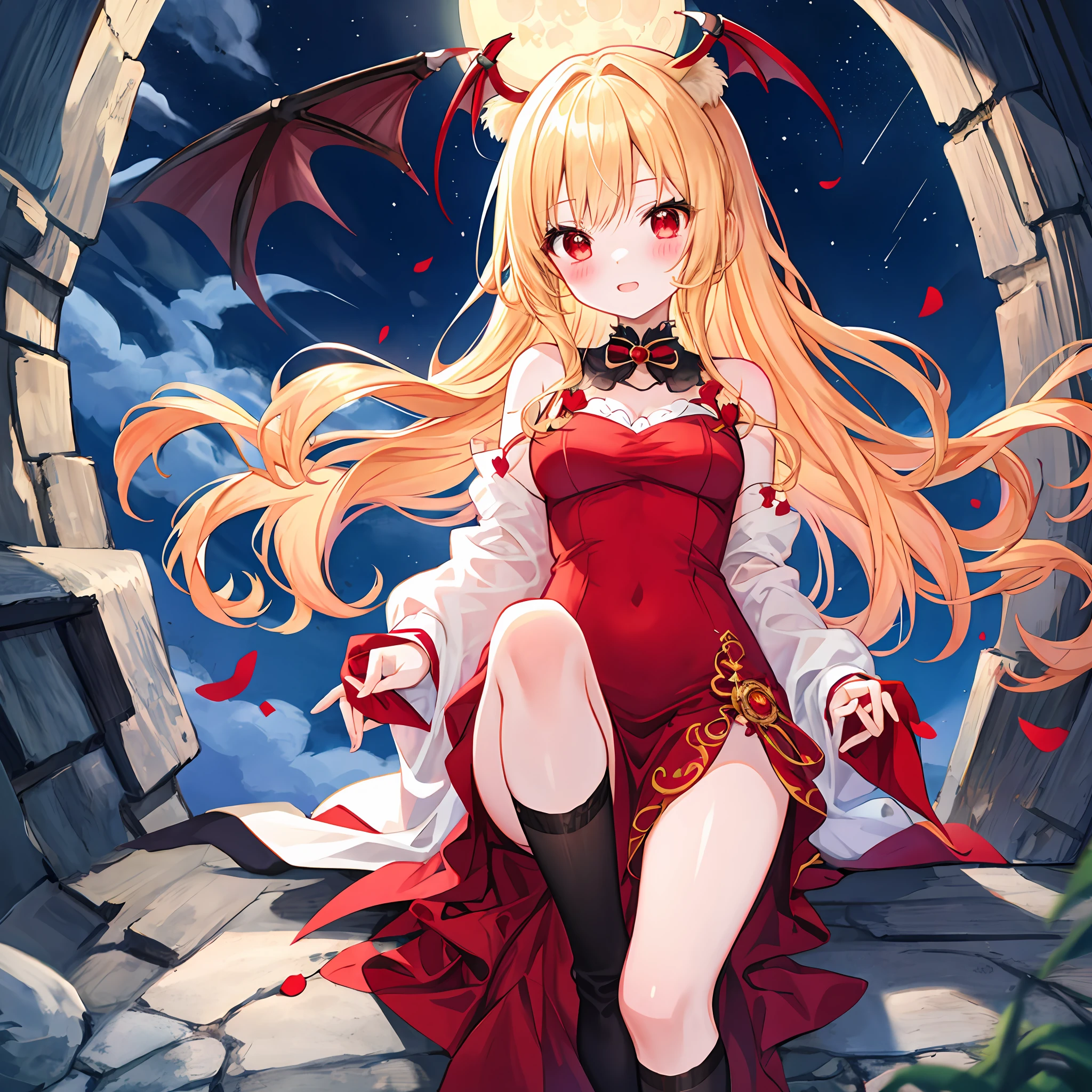 red blush、Wavy blonde hair、red eyes、Vampire、doress、Beautiful girl alone、animesque、独奏、a moon、natta