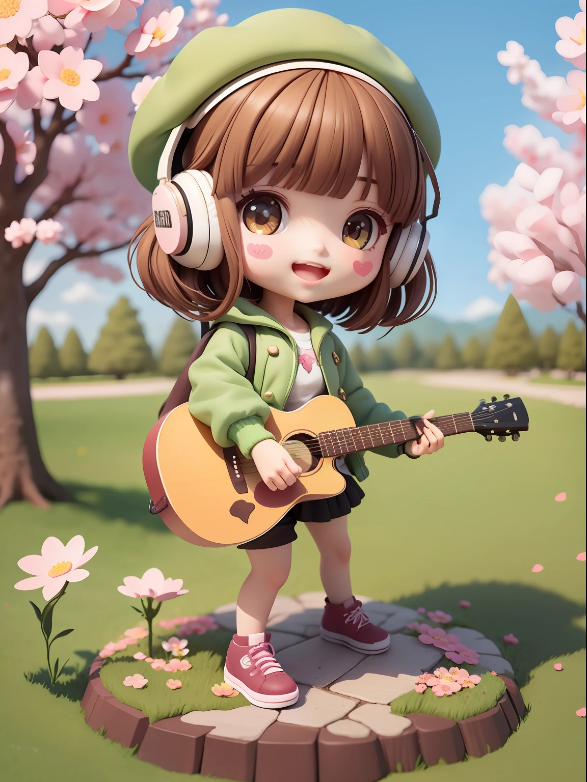 (masterpiece),(best quality),(ultra-detailed), (full body:1.2),
1girl,chibi,cute, smile, open mouth,
flower, outdoors, playing guitar, music, beret, holding guitar, jacket, blush, tree, :3, shirt, short hair, cherry blossoms, green headwear, blurry, brown hair, blush stickers, long sleeves, bangs, headphones, black hair, pink flower,
(beautiful detailed face), (beautiful detailed eyes),