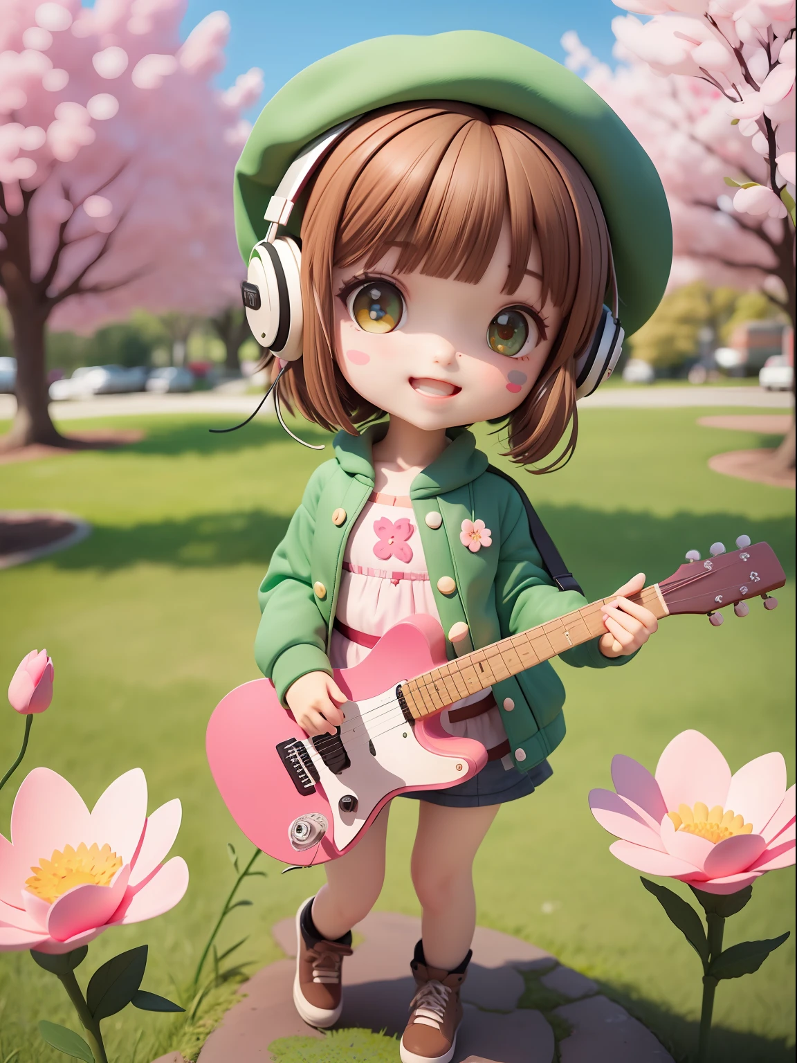 (masterpiece),(best quality),(ultra-detailed), (full body:1.2),
1girl,chibi,cute, smile, open mouth,
flower, outdoors, playing guitar, music, beret, holding guitar, jacket, blush, tree, :3, shirt, short hair, cherry blossoms, green headwear, blurry, brown hair, blush stickers, long sleeves, bangs, headphones, black hair, pink flower,
(beautiful detailed face), (beautiful detailed eyes),