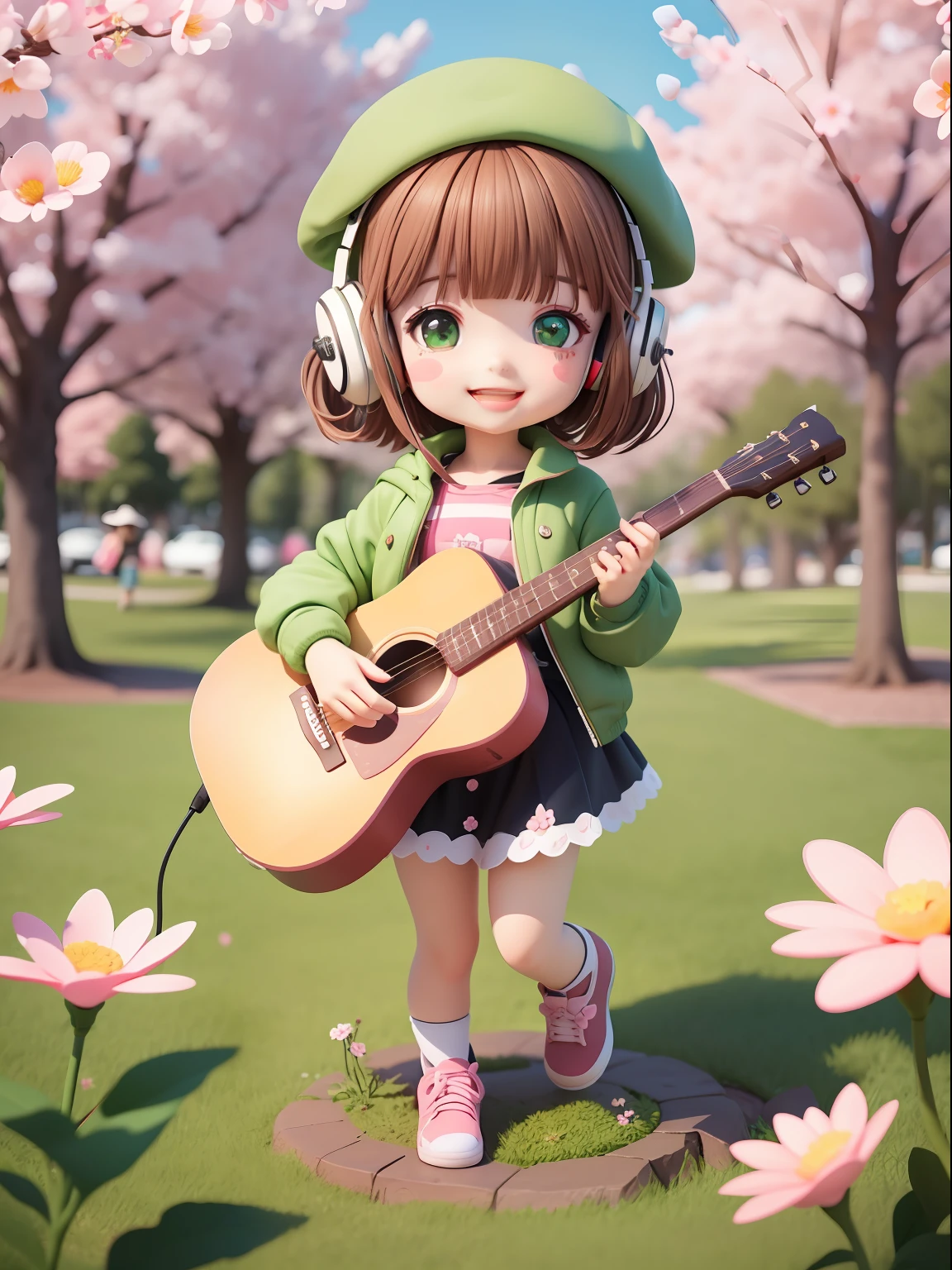 (masterpiece),(best quality),(ultra-detailed), (full body:1.2),
1girl,chibi,cute, smile, open mouth,
flower, outdoors, playing guitar, music, beret, holding guitar, jacket, blush, tree, :3, shirt, short hair, cherry blossoms, green headwear, blurry, brown hair, blush stickers, long sleeves, bangs, headphones, black hair, pink flower,
(beautiful detailed face), (beautiful detailed eyes),