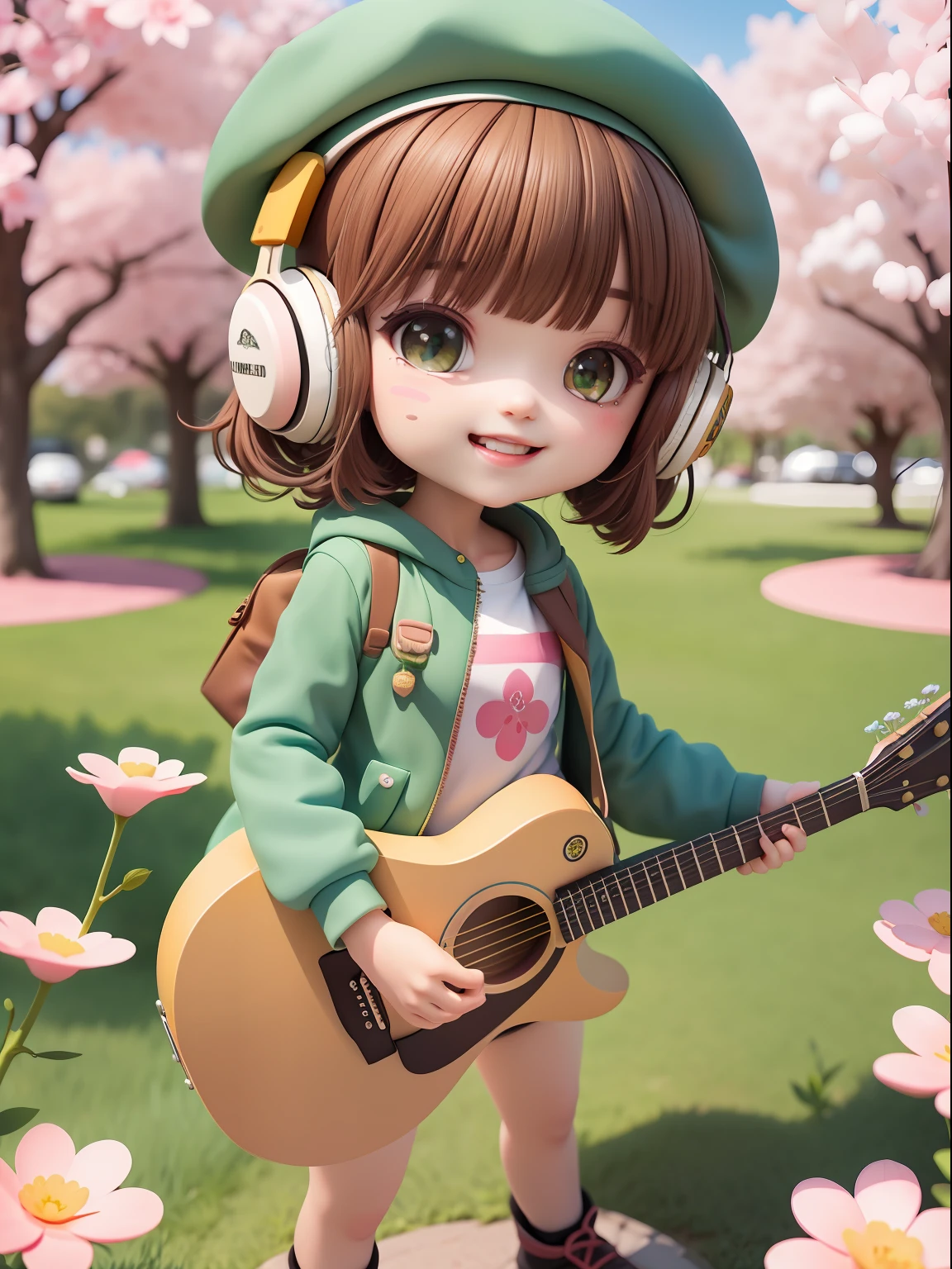 (masterpiece),(best quality),(ultra-detailed), (full body:1.2),
1girl,chibi,cute, smile, open mouth,
flower, outdoors, playing guitar, music, beret, holding guitar, jacket, blush, tree, :3, shirt, short hair, cherry blossoms, green headwear, blurry, brown hair, blush stickers, long sleeves, bangs, headphones, black hair, pink flower,
(beautiful detailed face), (beautiful detailed eyes),