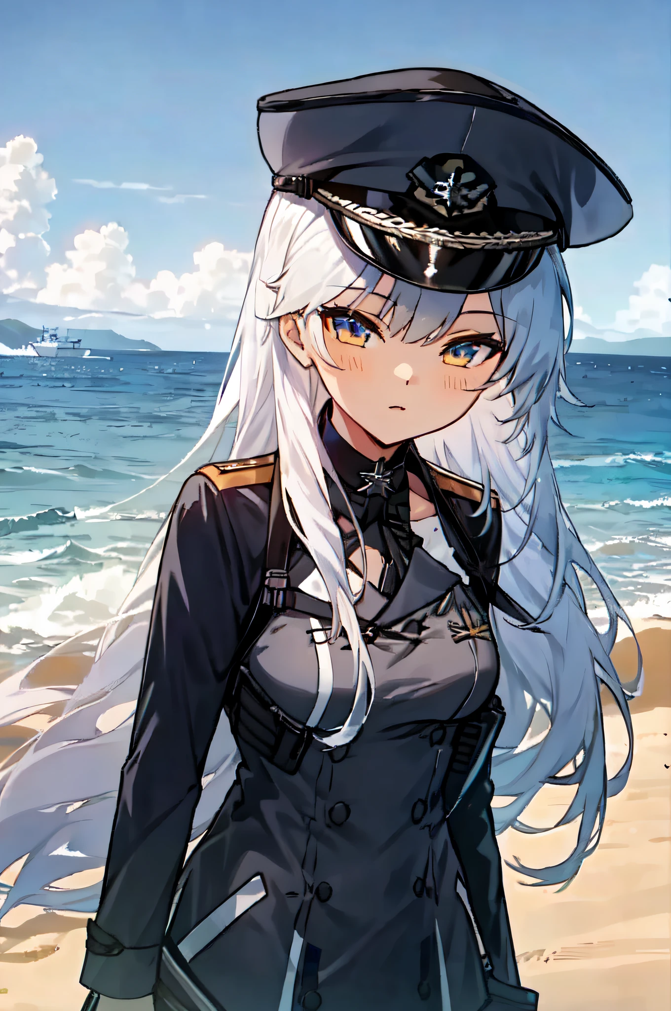 Anime girl in uniform standing on the beach，The background is blue sky, Fine details. Girl Front, azur lane style, from girls frontline, Girls Frontline CG, girls frontline style, A scene from the《azur lane》videogame, 《azur lane》role, Perfect white haired girl, Kantai collection style, Girl Front, Smooth anime CG art, Guviz