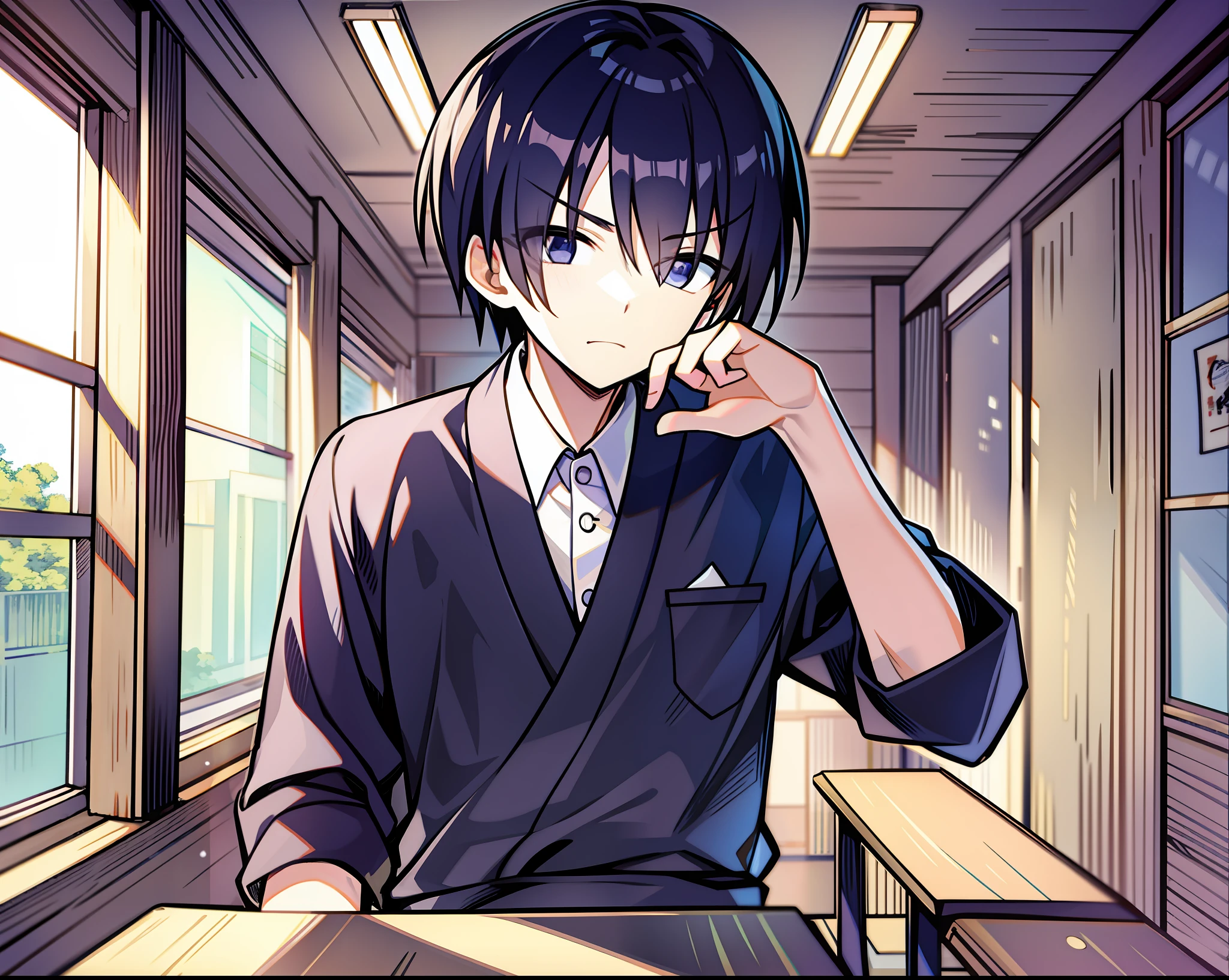 Melancholic and handsome male protagonist，A -yeld Jaese anime character。Black hair and eyes，Dressed in black school uniform，Sit in the window seat in the penultimate row of the classroom。he stands，Make a forward gesture，Empty eyes，Won't laugh，Can't see any smile on your face，The corners of the mouth are downward。The camera of the picture is aimed at the male protagonist，Front view，The male protagonist is in the center of the picture，Empty eyes，The classrooms are Japanese-style wooden structures，Full of fine details and light and shadow effects，It has an artistic touch。Exhibits masculine characteristics，No eyeliner、Long eyelashes or soft eyes，The eyes are sharp。