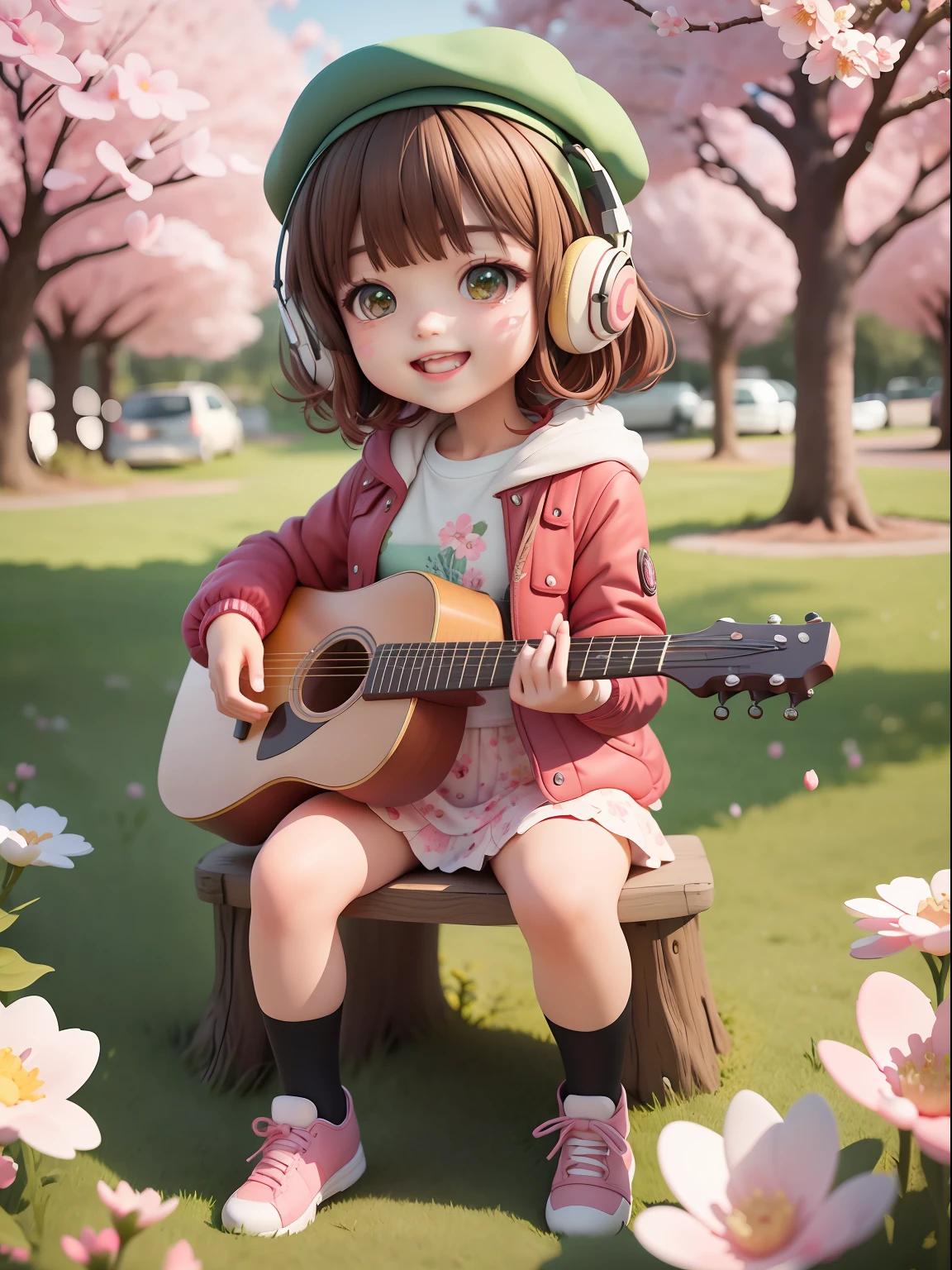 (masterpiece),(best quality),(ultra-detailed), (full body:1.2),
1girl,chibi,cute, smile, open mouth,
flower, outdoors, playing guitar, music, beret, holding guitar, jacket, blush, tree, :3, shirt, short hair, cherry blossoms, green headwear, blurry, brown hair, blush stickers, long sleeves, bangs, headphones, black hair, pink flower,
(beautiful detailed face), (beautiful detailed eyes),