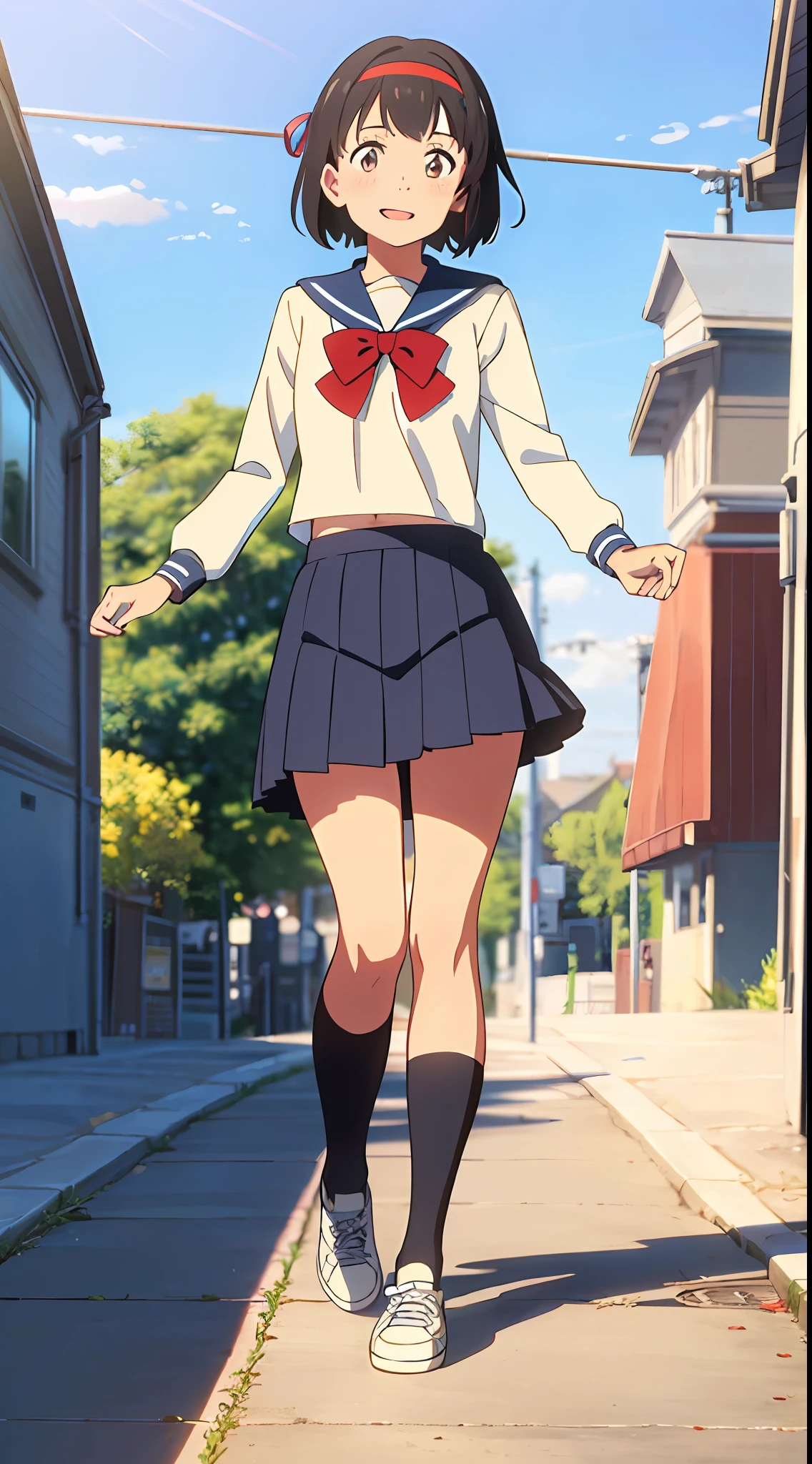 shinkai makoto, kimi no na wa., 1girl, bangs, black hair, blue sky, blush, brown eyes, shiny skin, cloud, blue sailor collar, White Sailor Color, serafuku, bow, red bow, ribbon, red ribbon, headband, red headband, looking at the viewer, Outdoors, shadow, school, street, cityscape, school uniform, short hair, cute, smile, open mouth, happy, solo, shirt, blue skirt, Pleated Skirt, mid-socks, white socks, black sneakers, full body, long sleeves, cowboy shot, masterpiece, best quality