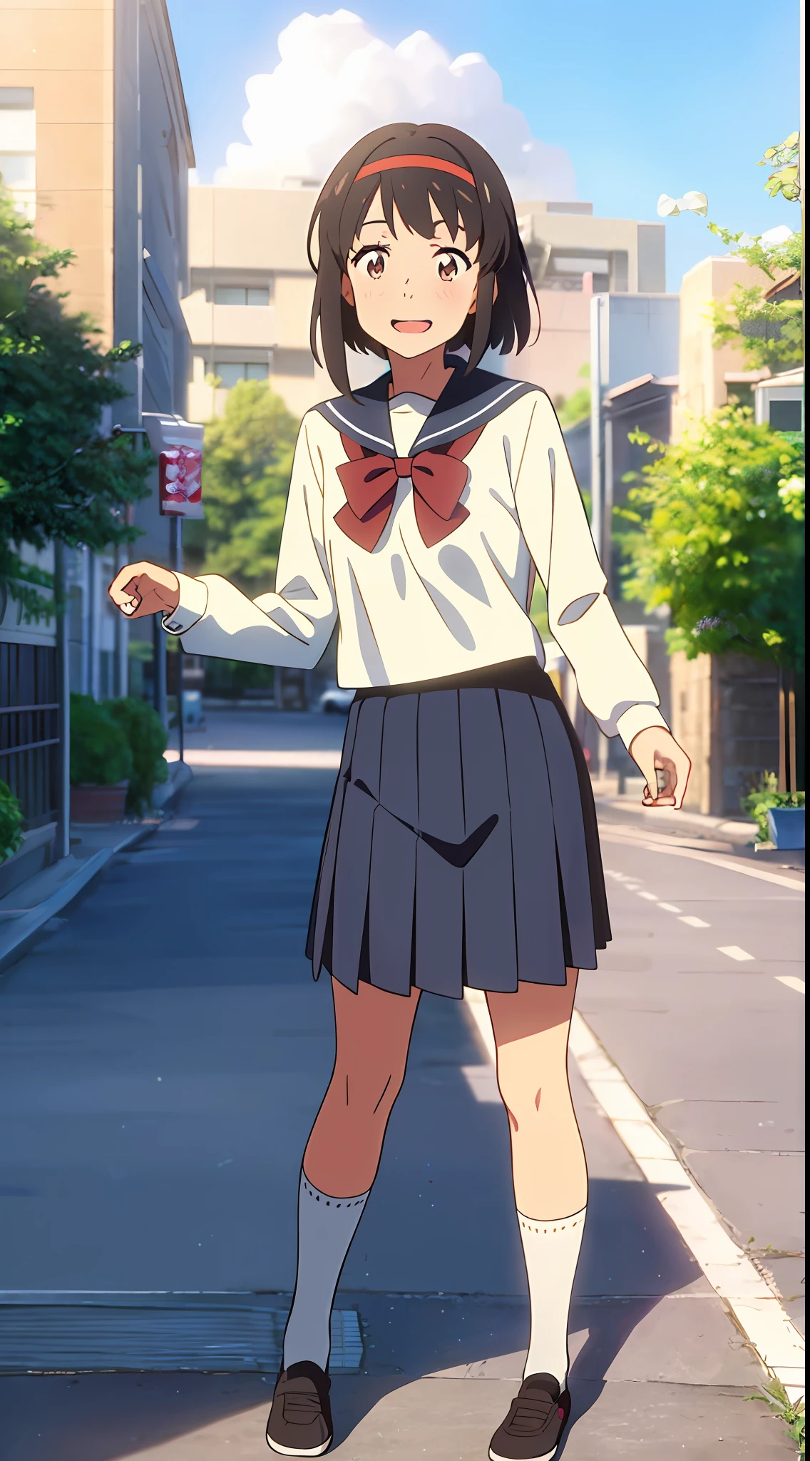 shinkai makoto, kimi no na wa., 1girl, bangs, black hair, blue sky, blush, brown eyes, shiny skin, cloud, blue sailor collar, White Sailor Color, serafuku, bow, red bow, ribbon, red ribbon, headband, red headband, looking at the viewer, Outdoors, shadow, school, street, cityscape, school uniform, short hair, cute, smile, open mouth, happy, solo, shirt, blue skirt, Pleated Skirt, mid-socks, white socks, black sneakers, full body, long sleeves, cowboy shot, masterpiece, best quality