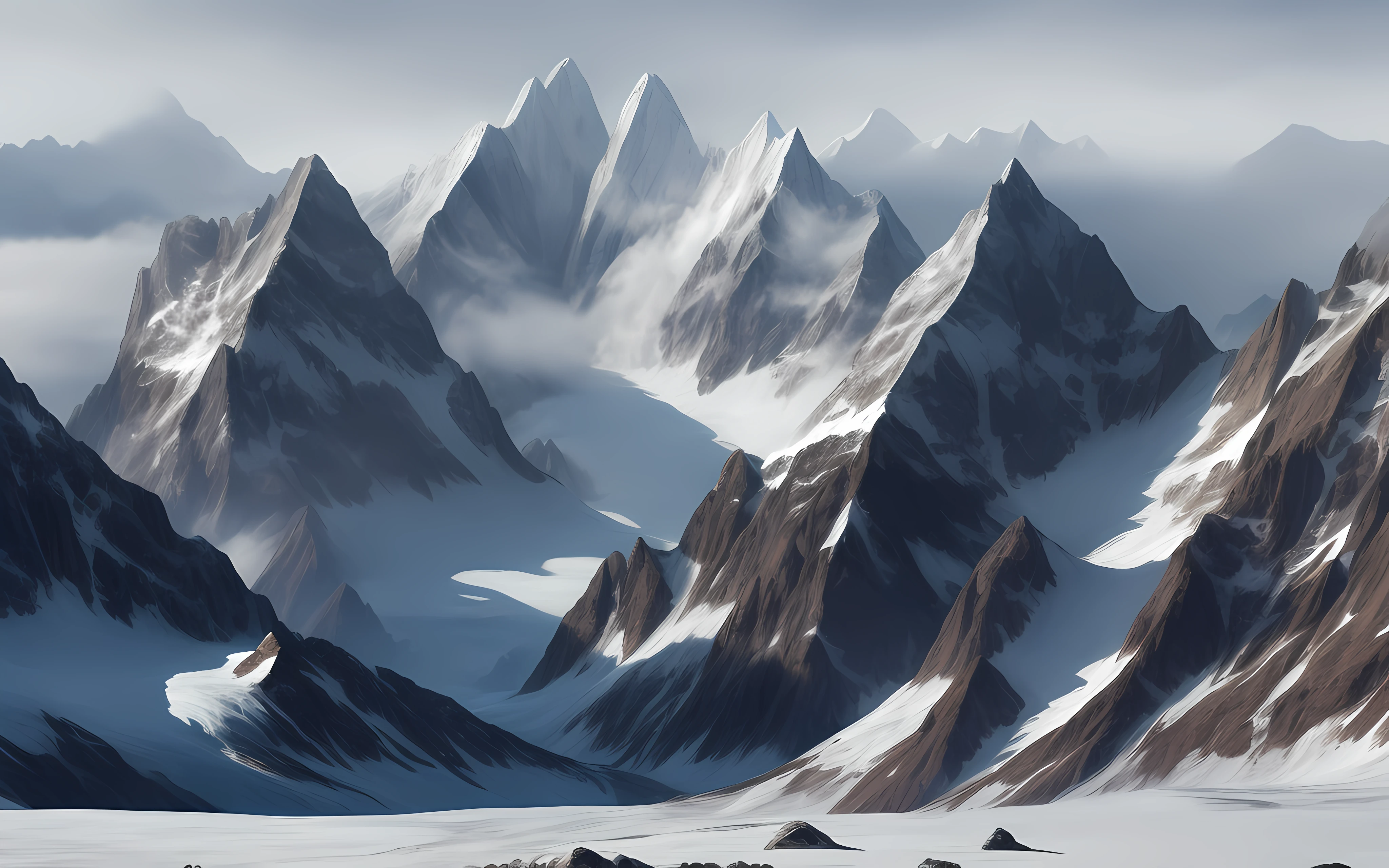 Snow-covered peaks,overcast day, snowy mountain landscape,Frozen,glacier,ice cubes,game background,high qulity,tmasterpiece,