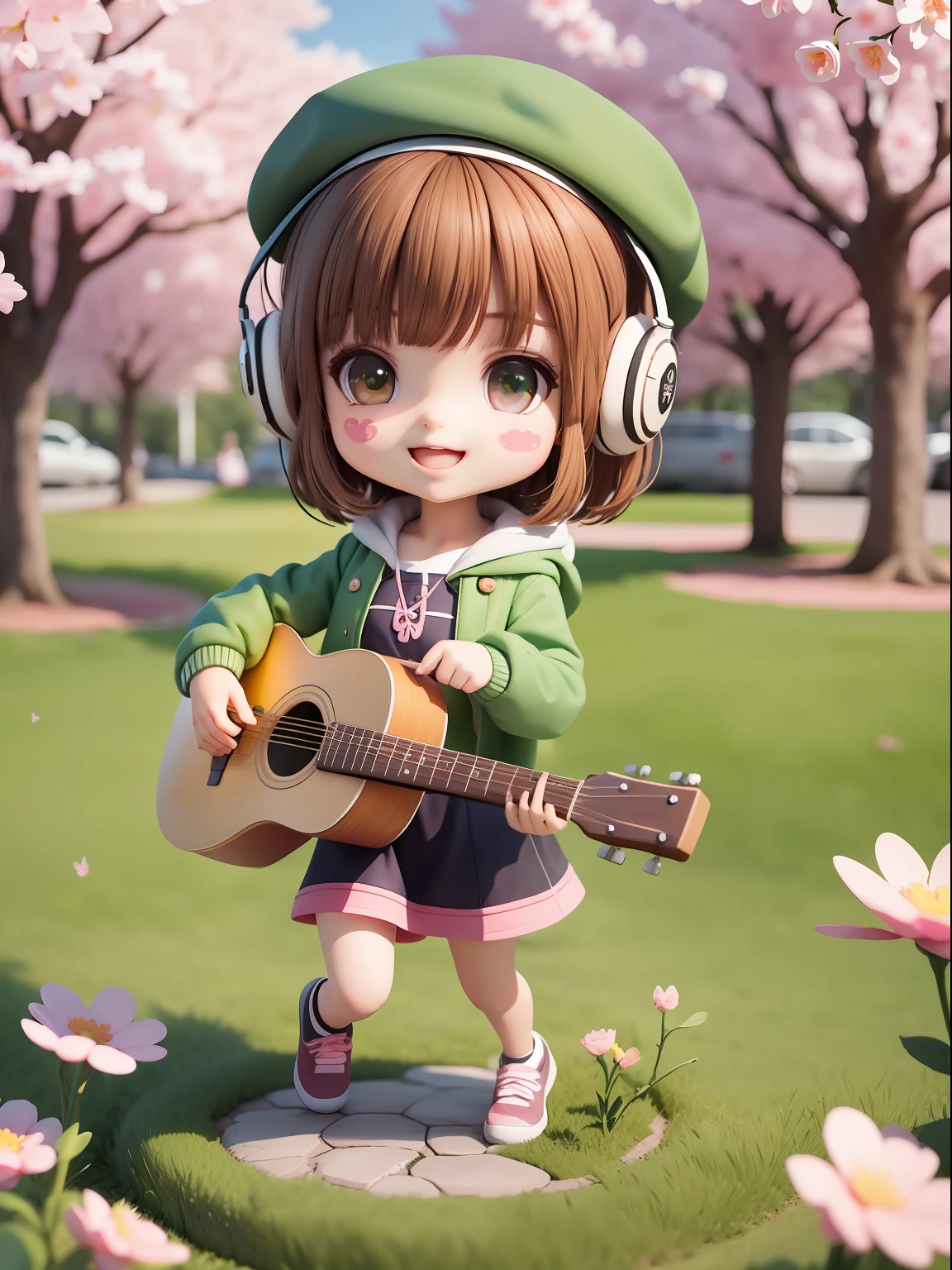 (masterpiece),(best quality),(ultra-detailed), (full body:1.2),
1girl,chibi,cute, smile, open mouth,
flower, outdoors, playing guitar, music, beret, holding guitar, jacket, blush, tree, :3, shirt, short hair, cherry blossoms, green headwear, blurry, brown hair, blush stickers, long sleeves, bangs, headphones, black hair, pink flower,
(beautiful detailed face), (beautiful detailed eyes),