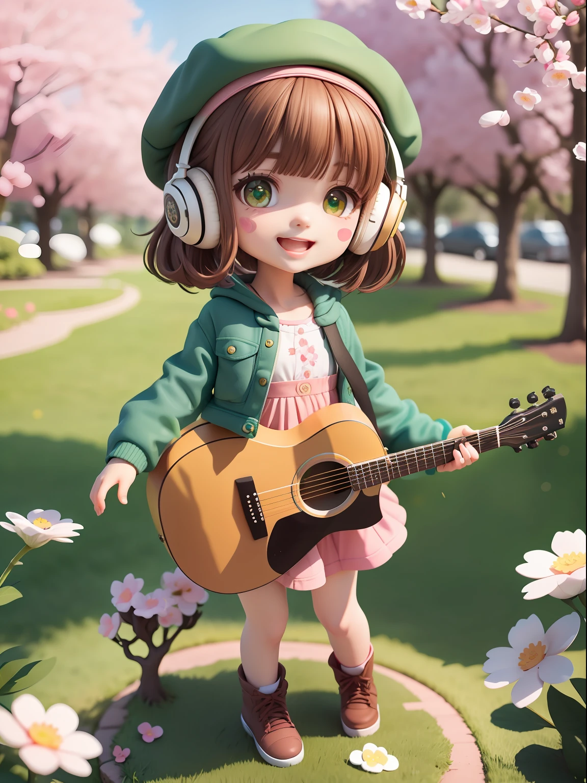 (masterpiece),(best quality),(ultra-detailed), (full body:1.2),
1girl,chibi,cute, smile, open mouth,
flower, outdoors, playing guitar, music, beret, holding guitar, jacket, blush, tree, :3, shirt, short hair, cherry blossoms, green headwear, blurry, brown hair, blush stickers, long sleeves, bangs, headphones, black hair, pink flower,
(beautiful detailed face), (beautiful detailed eyes),