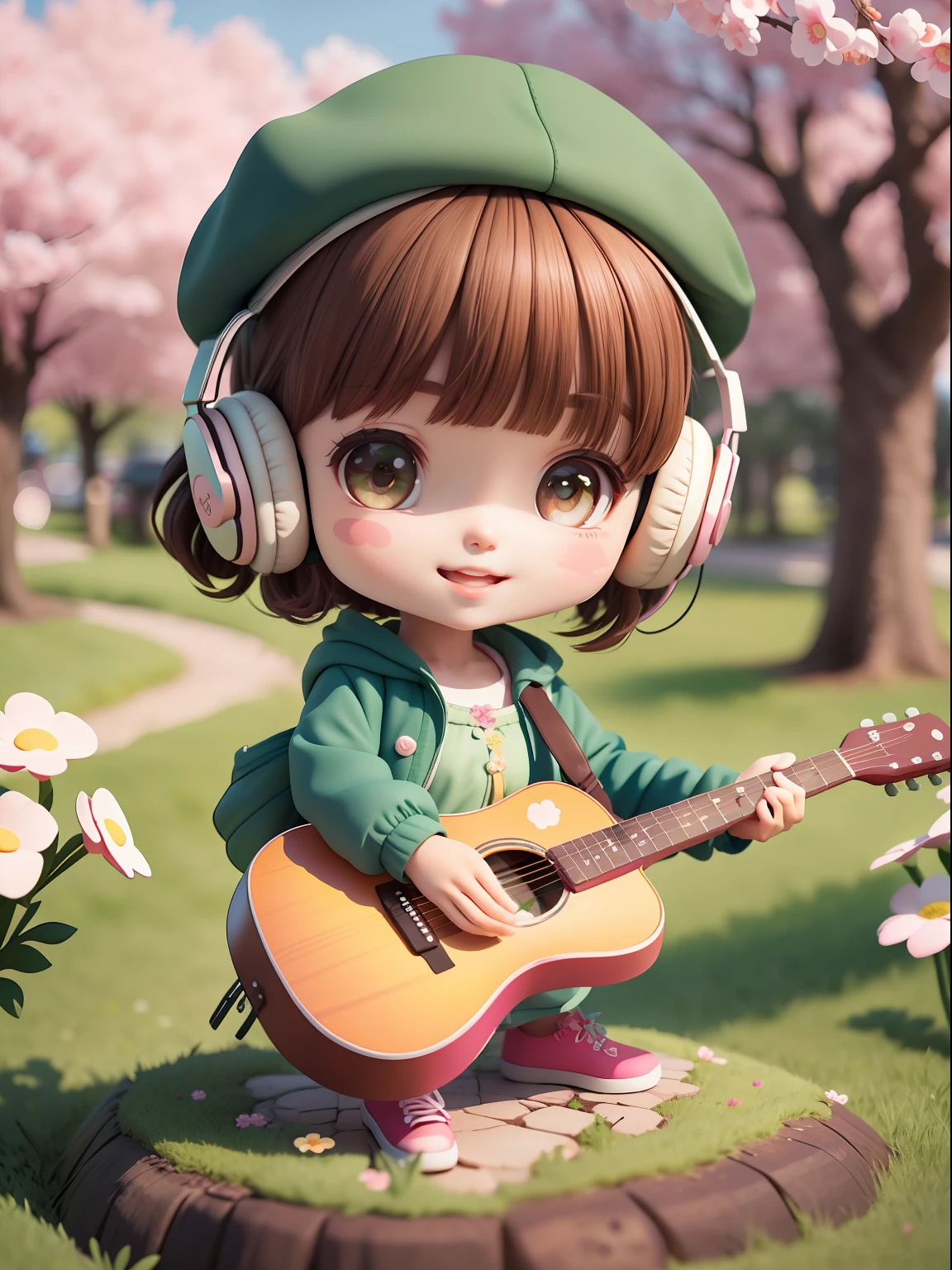 (masterpiece),(best quality),(ultra-detailed), (full body:1.2),
1girl,chibi,cute, smile, open mouth,
flower, outdoors, playing guitar, music, beret, holding guitar, jacket, blush, tree, :3, shirt, short hair, cherry blossoms, green headwear, blurry, brown hair, blush stickers, long sleeves, bangs, headphones, black hair, pink flower,
(beautiful detailed face), (beautiful detailed eyes),