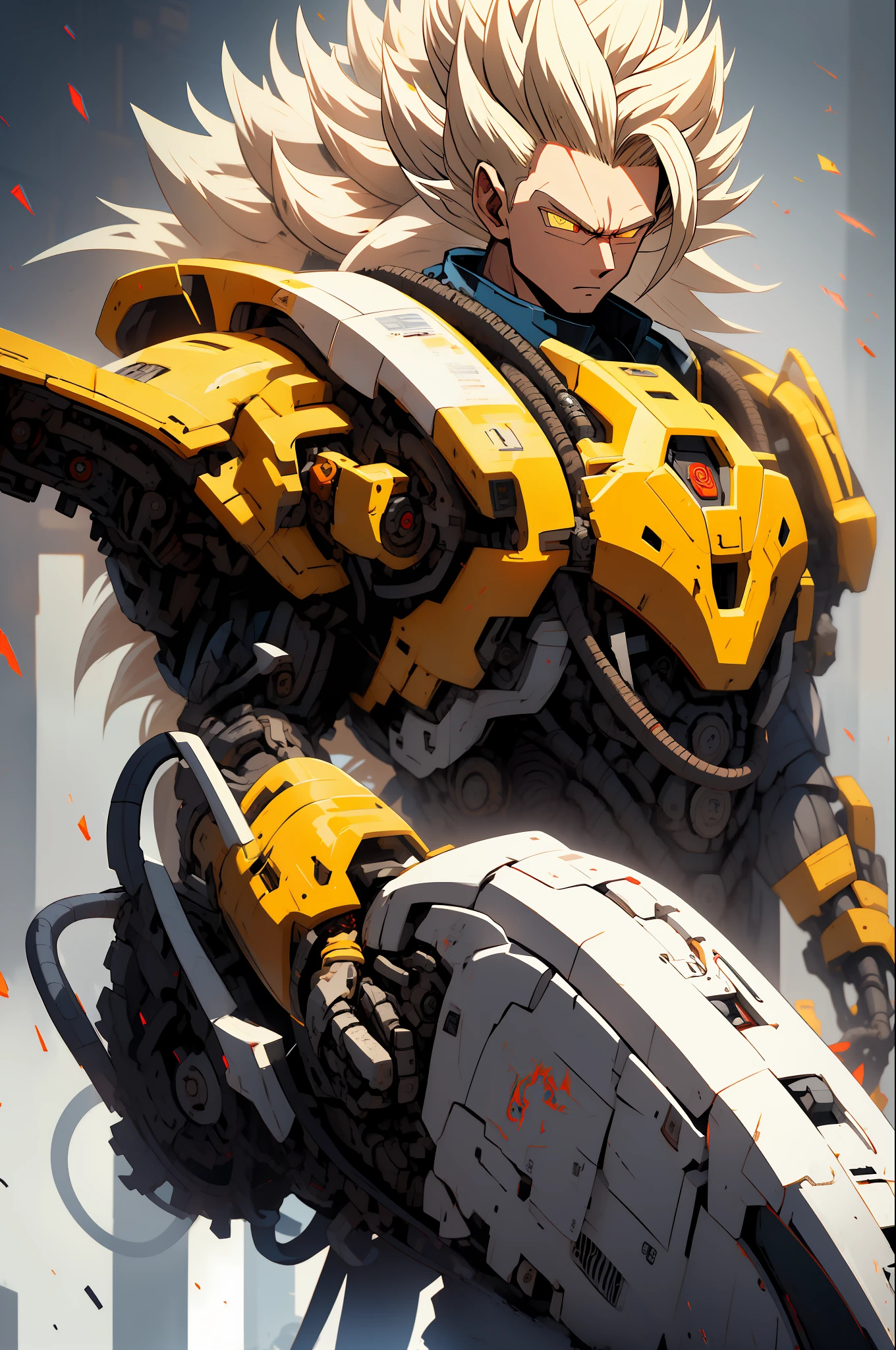 Highly detailed, High Quality, Masterpiece, beautiful, SuperSaiyan, 1boy, solo, cowboy shot, blonde hair, super saiyan, spiked hair, aura, electricity, gigachad, (long hair:1.2), white hair, wearing a cybernetic mecha armor, with mechanical chainsaw