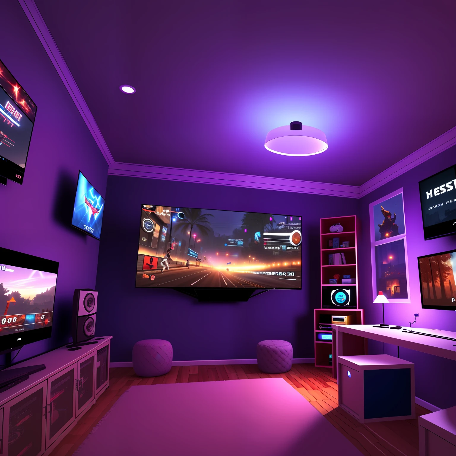 hestyle  inside view of gaming room at evening, colorful night --auto