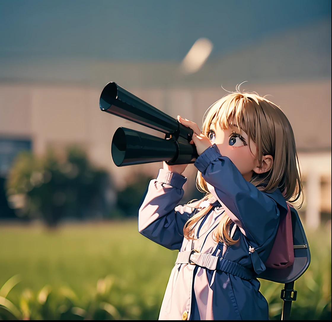 A  with a telescope looks to the right