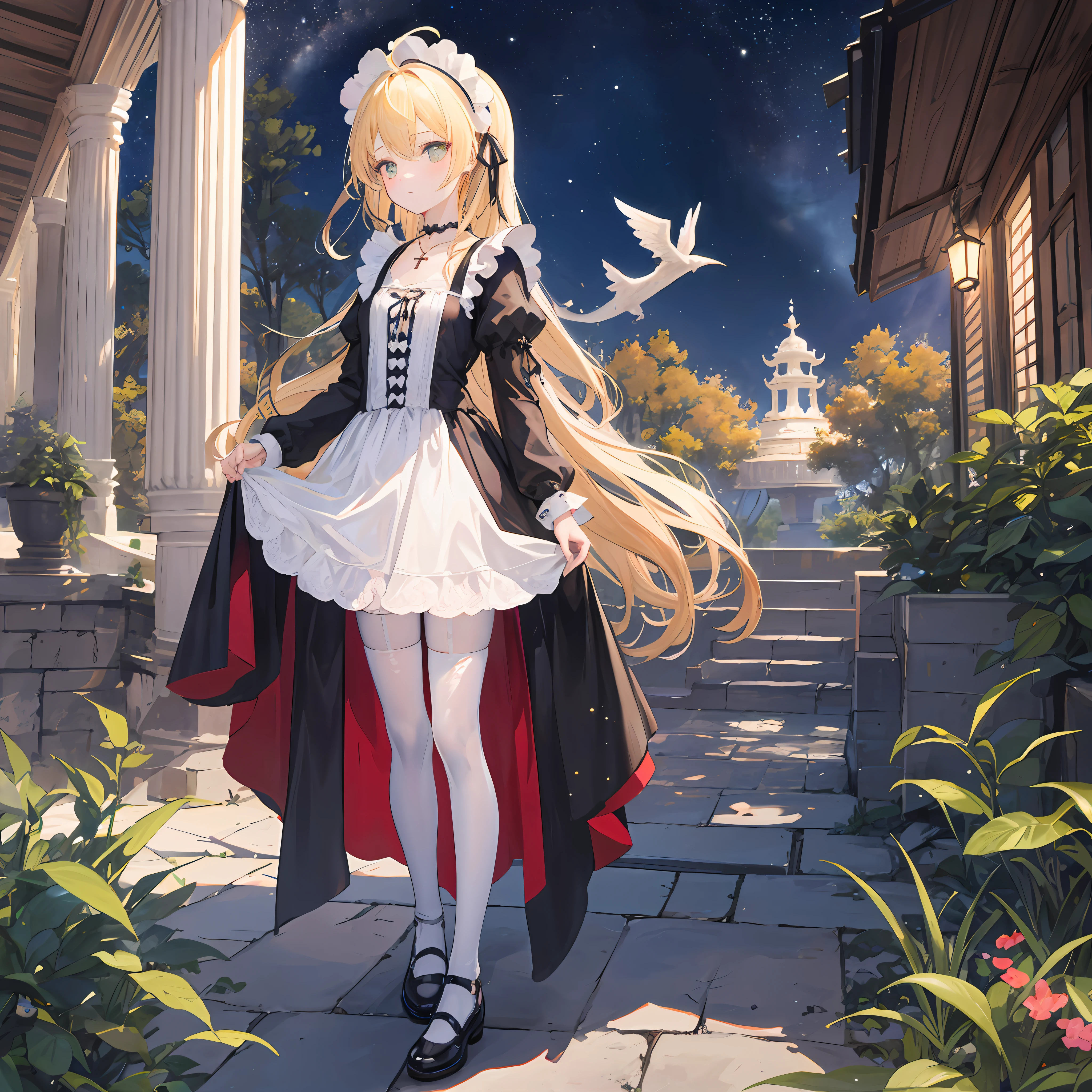 Lolita Gothic,From the side Side,full body,Ray tracing,{Best quality}, {{Masterpiece}}, {A high resolution}, Original, Extremely detailed 8k wallpaper, 1girll, {An extremely delicate and beautiful},,incredibly_absurderes,Ray tracing,{Best quality}, {{Masterpiece}}, {A high resolution}, Original, Extremely detailed 8k wallpaper, {An extremely delicate and beautiful},,incredibly_absurderes,Colorful,intricately details,art book,,Perspective,very wide angle shot,Overall view,,aurora,Starry sky,glistening stars,forest,fountain,Shop,Outdoors,east asian architecture,greco-roman architecture,restaurant,chies,A high resolution,Extremely detailed Cg Unity 8K wallpaper,Detailed manga illustrations,art of light novel,art of light novel,angel,Petite,Dragon girl,lolita fashion,Babe,ahoge,Blonde hair,Long hair,Blonde_Hair/Yellow_Eyes,looking at the distance,Closed mouth,standing,Hide hands,Hide hands,Slim legs,Expressionless,Beautiful detailed eyes,Gothic_Lolita,Cloak cover,white colors_a skirt,Lolita Gothic,White panty hose,white stockings,White_upper legs,Fine fabric emphasis,mary_janes,Cross necklace,ribbon,Hair ribbon,maid headdress,hair adornments,flat_chest,flat_chest,Ray tracing,Beautiful detailed sky,Masterpiece,Clear picture,Pedras preciosas,