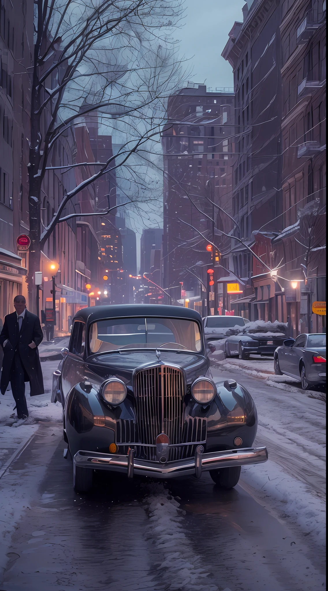 New York City of 1945 winter main street background, 1 hitman and driver in the car of black 1st Lincoln Continental, evening twilight, RAW photo,