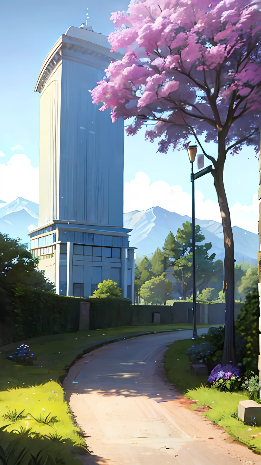 (超高分辨率,realisticlying,best qualtiy,RAW photogr,masterplece),buliding,城市,clouds,daysies,large gate,zaun,ln the forest,mont,naturey,exteriors,trpical garden,grassy fields,casa,hydrangeas,paths,Plants in pots,purple flower,the trees