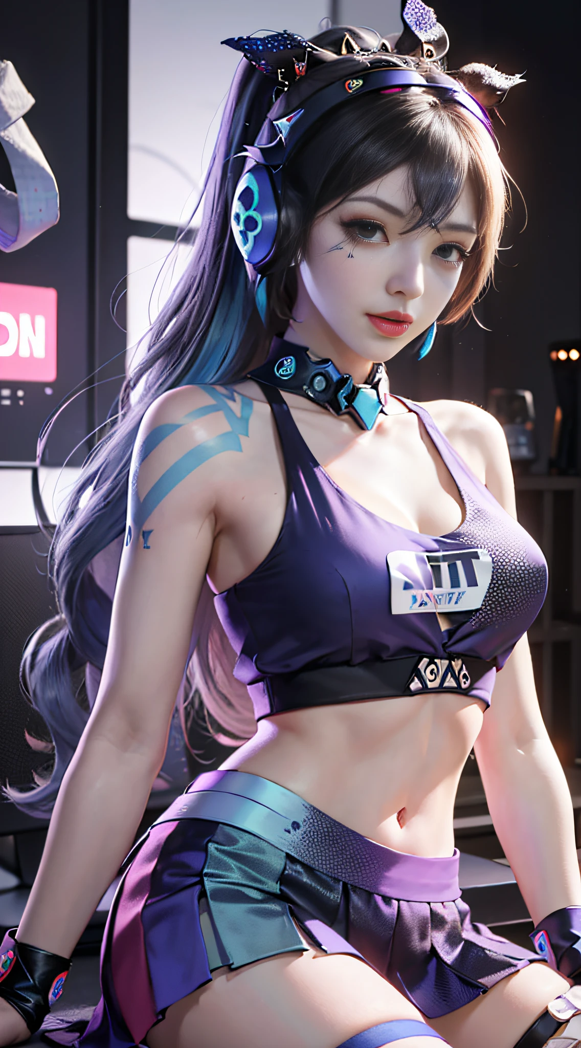 (((((7 avatar shot)))), Silver Wolf, Masterpiece, Best Quality, Ultra Detailed, Extremely Detailed 16k CG Wallpaper, Beautiful Face, (Silver Wolf in Esports Room), (Perfect Beautiful Curved Figure), Seated, Rainbow Color Jewel Eyes, Wearing Resin Hologram Sports Bra, Crop Top Drape, Mini Pleated Skirt, Bell Collar, Logo, Impotence, Contour Light, Concert, Neon Sign, Audio, Bell Collar, Esports Headset, Computer, Esports Room, Play Games, White Interior Through Red Skin, holographic projection, flat sphere, graffiti logo, highly detailed tattoo_,
Authoring information