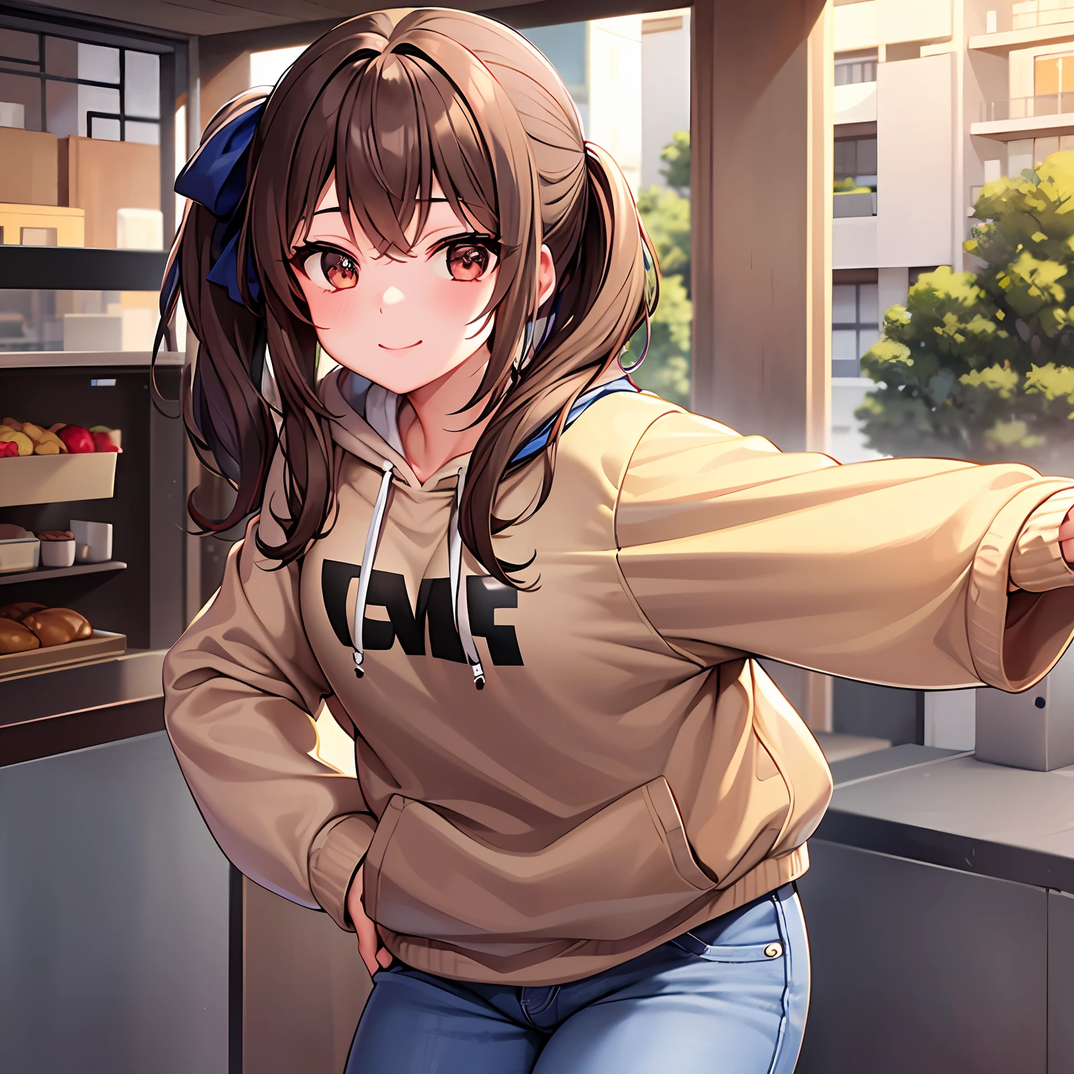 1girl in, Height 148cm、Bust 85cm、Waist 56cm、Hip 85cm、F-cup、23years old、very baby face、brown-haired、poneyTail、White hoodie、denim pant、Entrance to a modern apartment、kindly smile、Blur the background a lot