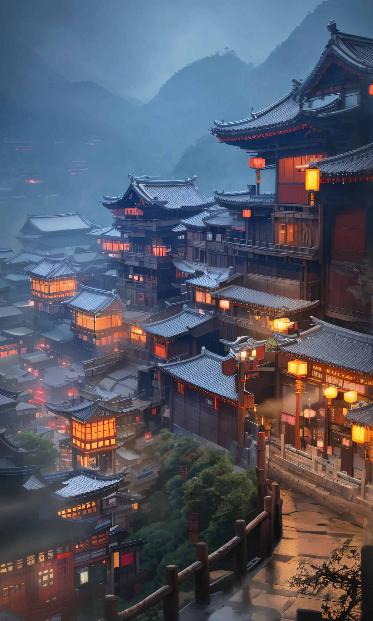 arafed view of a village with a lot of lights on the buildings, dreamy chinese town, chinese village, amazing wallpaper, japanese town, japanese village, hyper realistic photo of a town, old asian village, japanese city, by Raymond Han, rainy evening, cyberpunk chinese ancient castle, beautifully lit buildings, at evening during rain, beautiful and aesthetic, photography, cinematic, 8k, high detailed ((Heavy rain)))