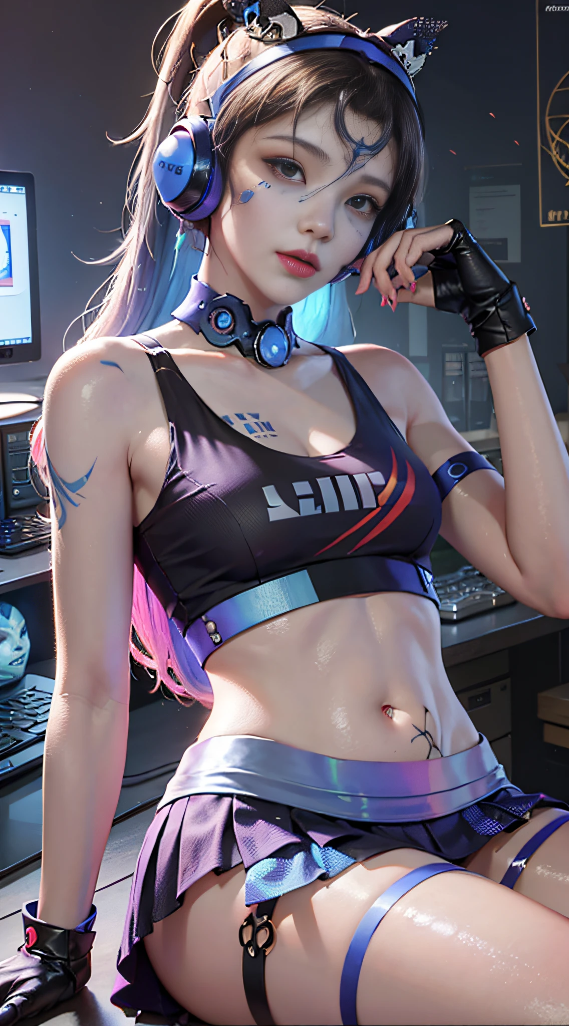 (((((7 avatar shot)))), Silver Wolf, Masterpiece, Best Quality, Ultra Detailed, Extremely Detailed 16k CG Wallpaper, Beautiful Face, (Silver Wolf in Esports Room), (Perfect Beautiful Curved Figure), Seated, Rainbow Color Jewel Eyes, Wearing Resin Hologram Sports Bra, Crop Top Drape, Mini Pleated Skirt, Bell Collar, Logo, Impotence, Contour Light, Concert, Neon Sign, Audio, Bell Collar, Esports Headset, Computer, Esports Room, Play Games, White Interior Through Red Skin, holographic projection, flat sphere, graffiti logo, highly detailed tattoo_,
Authoring information