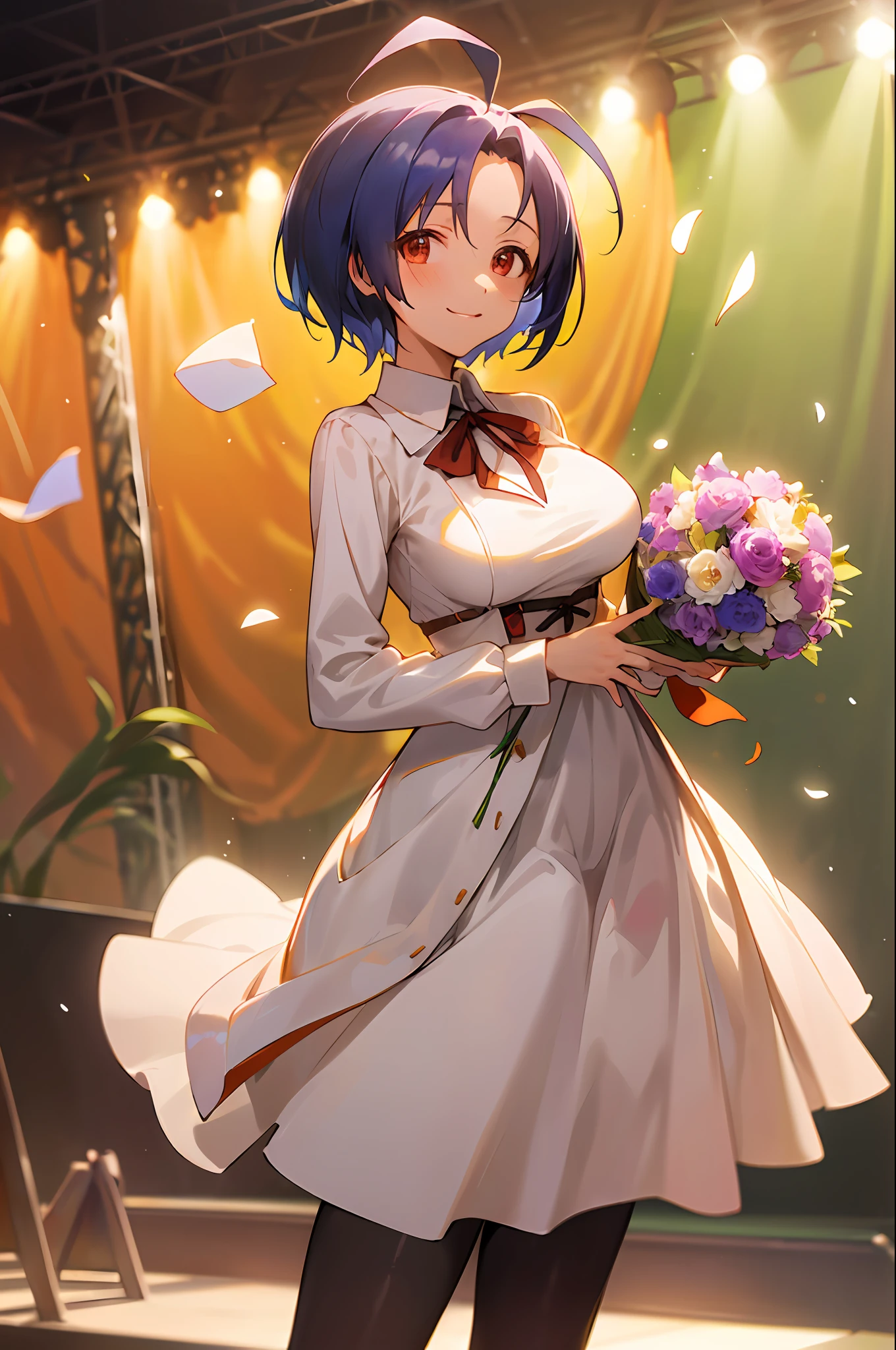 (masutepiece, Best Quality:1.2), Cowboy Shot, Solo, 1girl in, Azusa Miura, Smile,((Wearing a white dress)),  ((Stand on the idle stage)), ((hold a large bouquet of flowers in front of your chest with both hands,)), ((perfect fingers)), Looking at Viewer, Ahoge, ((Large breasts)), Collared shirt, Long sleeves, Skirt, pantyhose