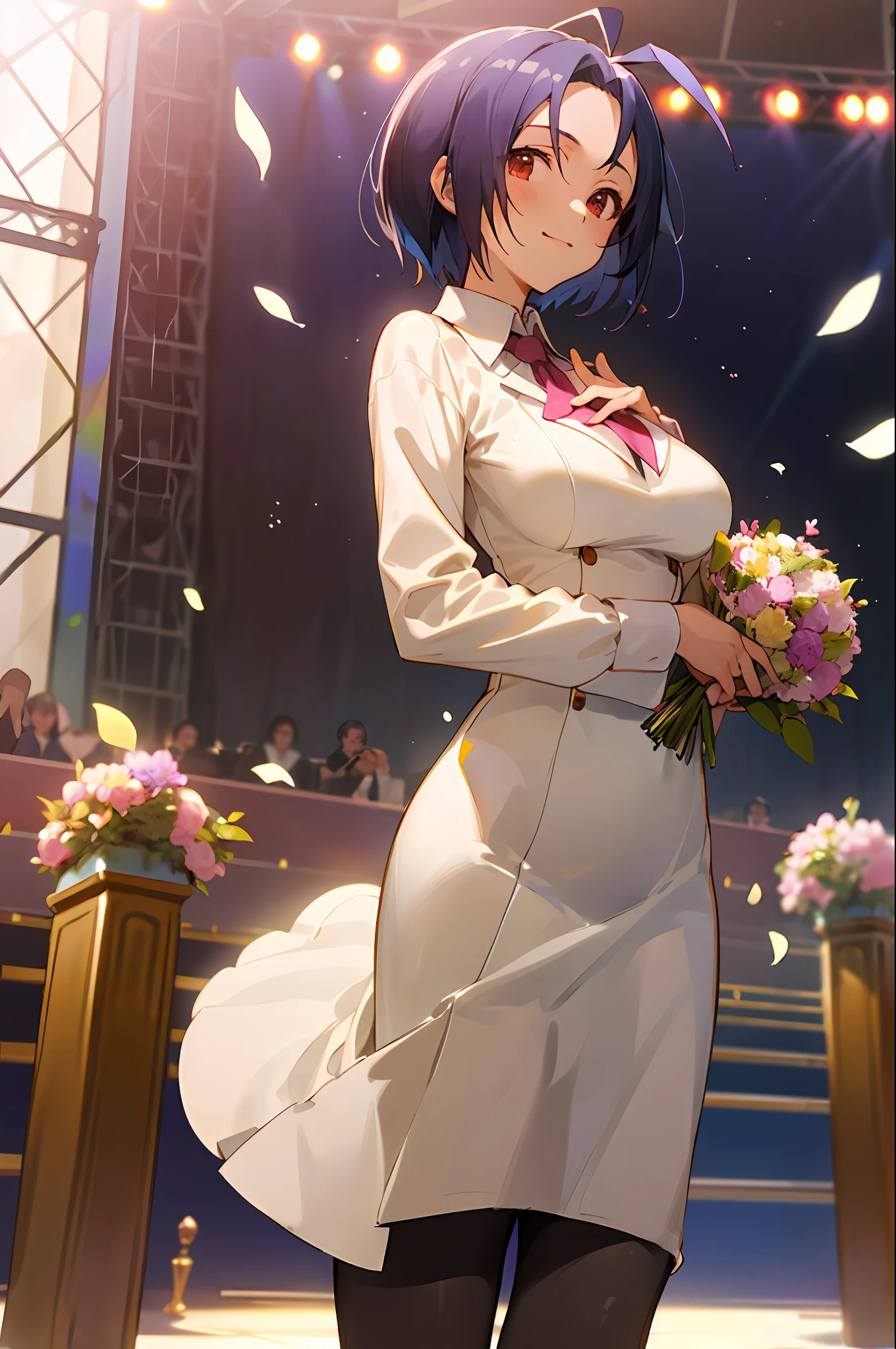 (masutepiece, Best Quality:1.2), Cowboy Shot, Solo, 1girl in, Azusa Miura, Smile,((Wearing a white dress)),  ((Stand on the idle stage)), ((hold a large bouquet of flowers in front of your chest with both hands,)), ((perfect fingers)), Looking at Viewer, Ahoge, ((Large breasts)), Collared shirt, Long sleeves, Skirt, pantyhose